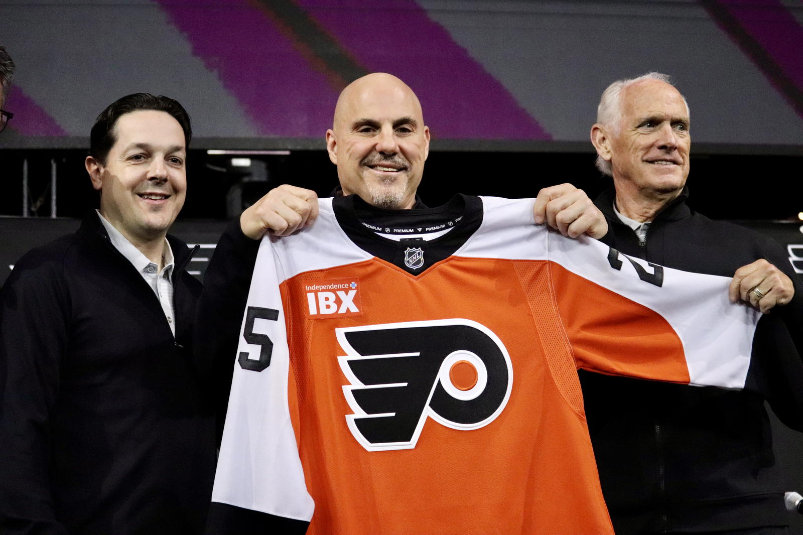 (L-R) Philadelphia Flyers general manager Danny Briere, head coach Rick Tocchet, and governor Dan Hilferty at Tocchet's introductory press conference. (Megan DeRuchie-The Hockey News)