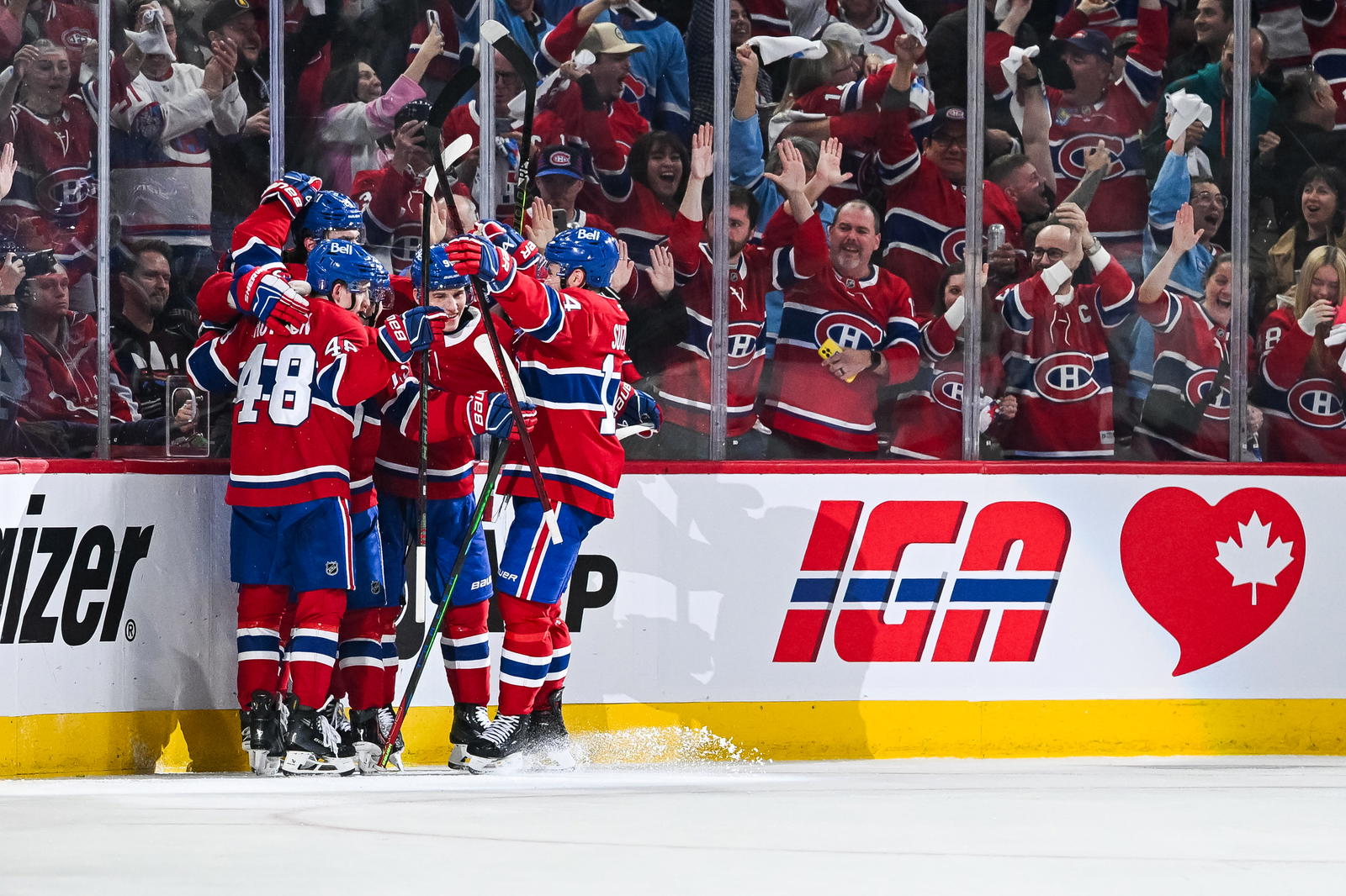 Juraj Slafkovsky celebrates with his teammates after scoring a goal against the Washington Capitals during the second period in Game 4 of the first round of the 2025 Stanley Cup playoffs. (David Kirouac-Imagn Images)