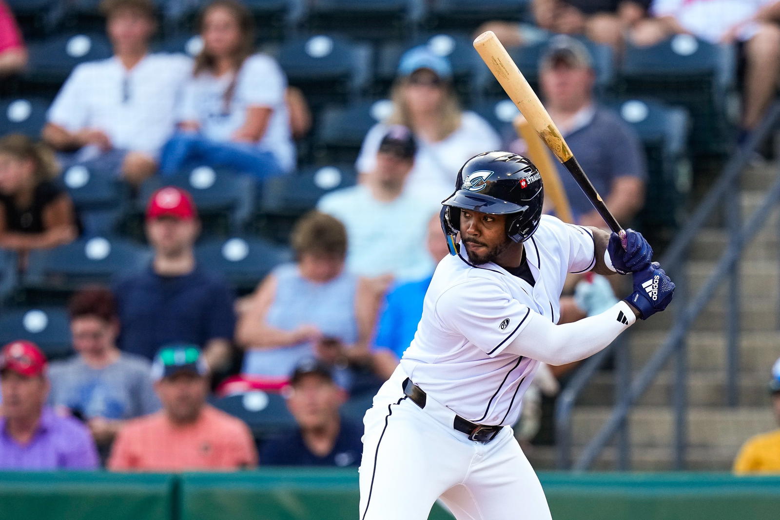 Columbus Clippers infielder Kahlil Watson (9) waits for the pitch during the game against the Buffalo Bisons at Huntington Park on Tuesday, July 22, 2025 in Columbus, Ohio.
