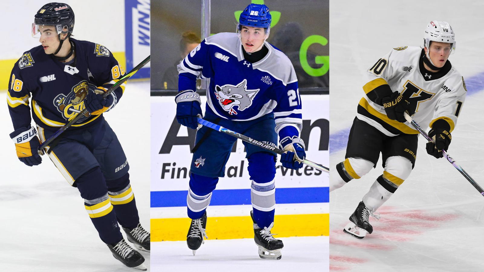 <i>Erie Otters' Alex Misiak, Sudbury Wolves' Jan Chovan, & Kingston Frontenacs' Tomas Pobezal (from left to right). Credit: OHL Images</i>