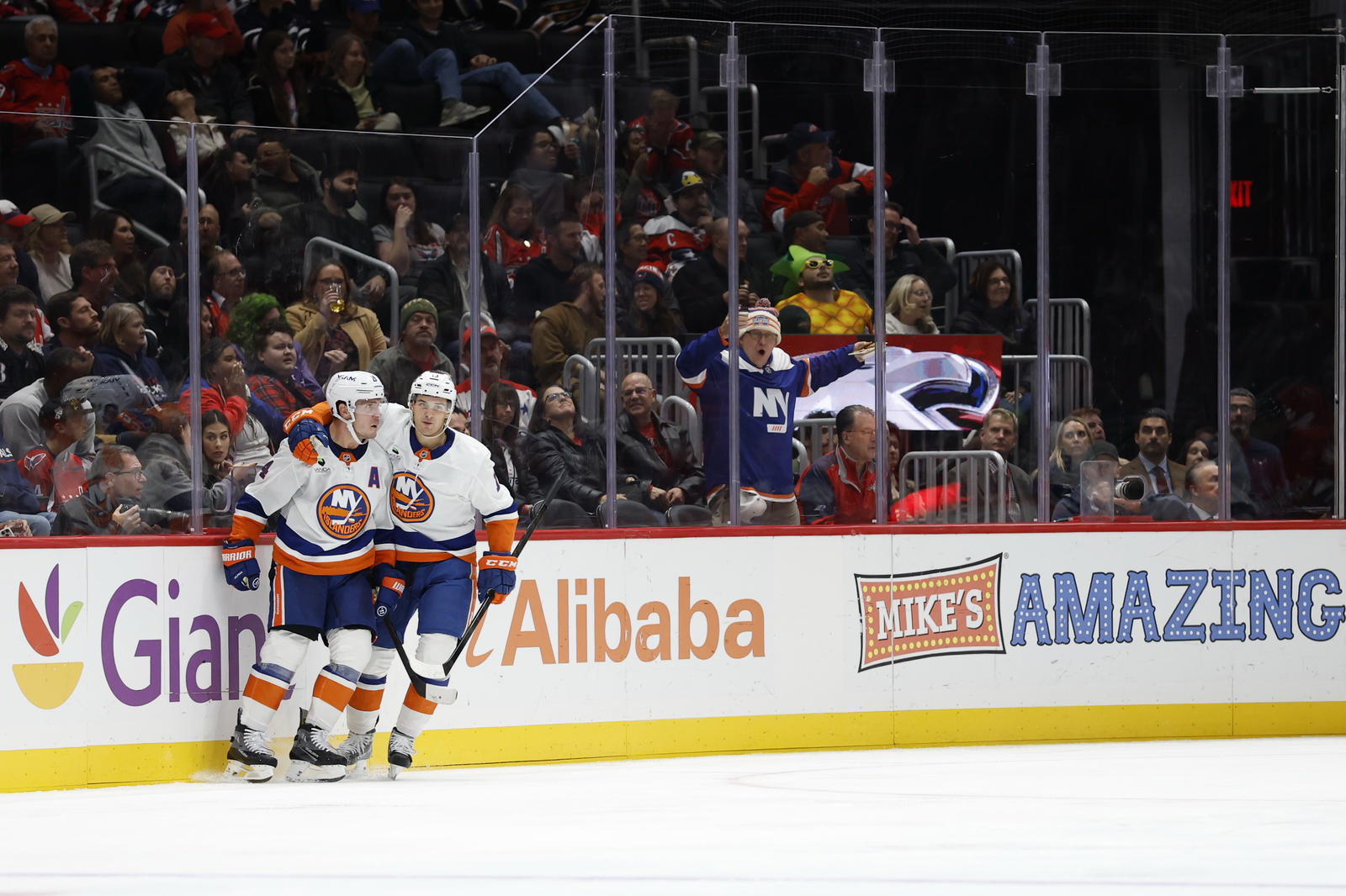 Oct 31, 2025; Washington, District of Columbia, USA; New York Islanders center Bo Horvat (14) celebrates with Islanders center Mathew Barzal (13) after scoring a goal against the Washington Capitals during the third period at Capital One Arena. Mandatory Credit: Geoff Burke-Imagn Images