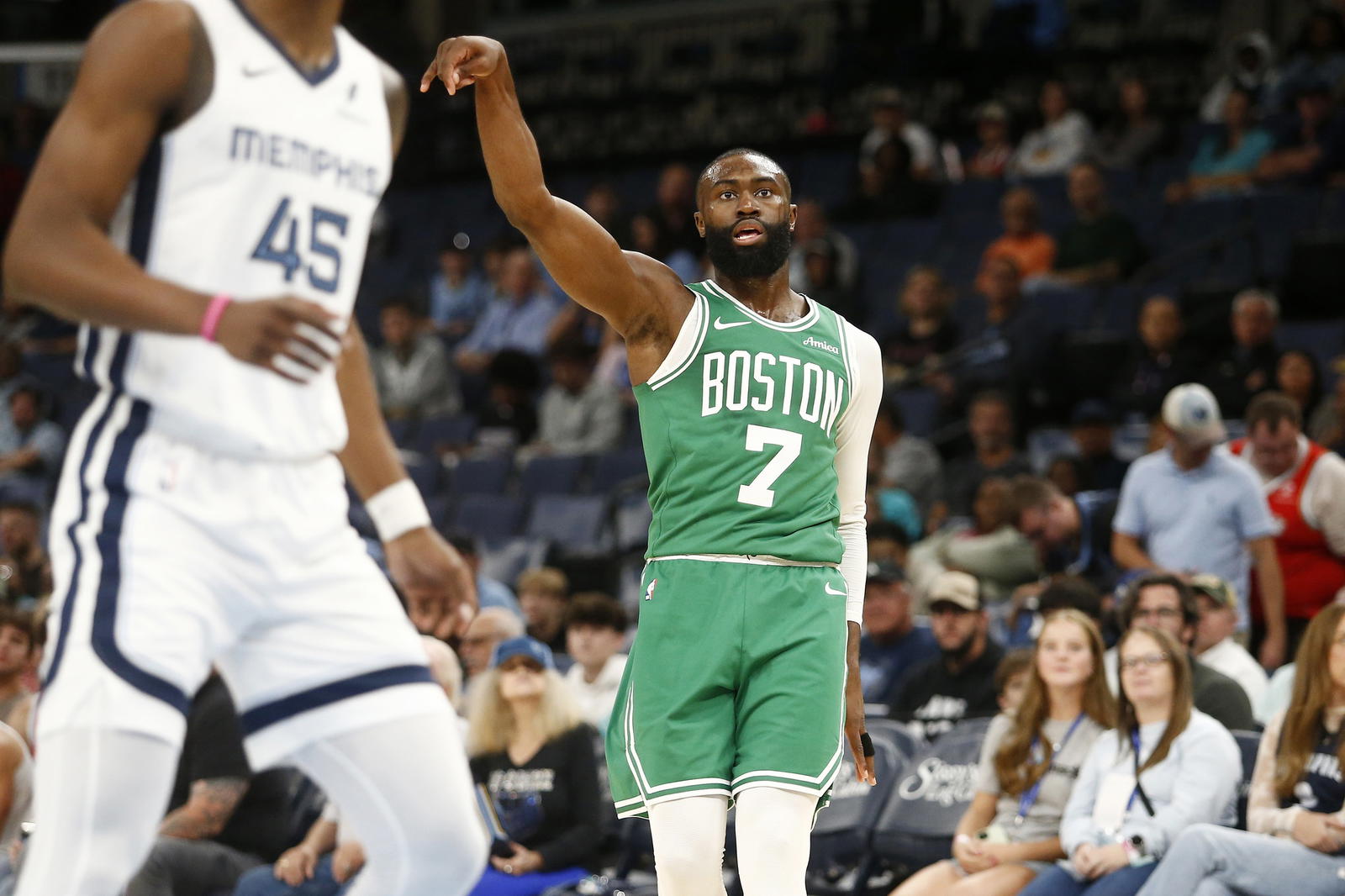 Oct 8, 2025; Memphis, Tennessee, USA; Boston Celtics guard Jaylen Brown (7) reacts after shooting for three during the first quarter against the Memphis Grizzlies at FedExForum. (Petre Thomas/Imagn Images)