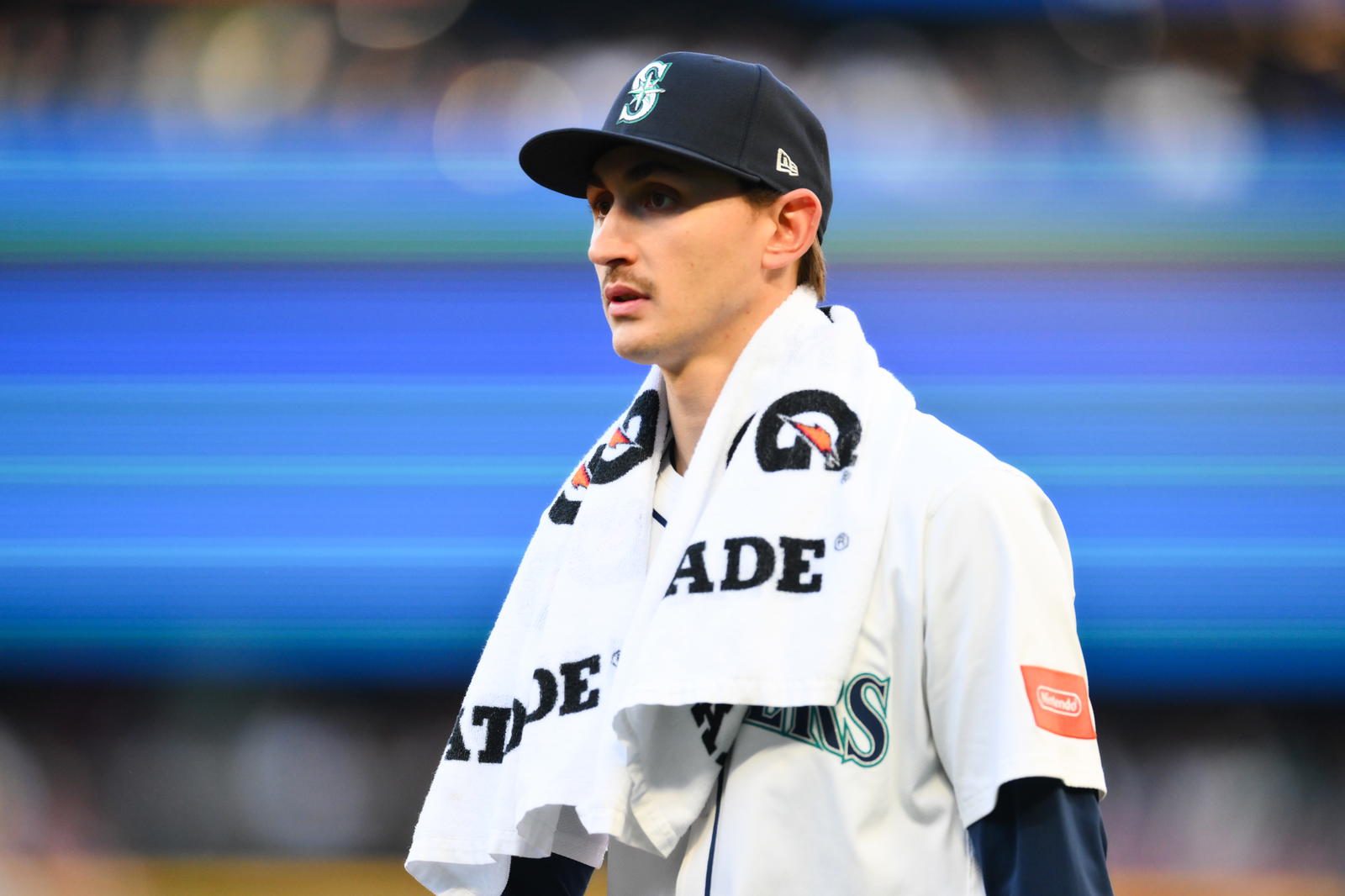 Seattle Mariners pitcher George Kirby (68) walks to the dugout before the game against the Toronto Blue Jays during game three of the ALCS round for the 2025 MLB playoffs at T-Mobile Park. Steven Bisig-Imagn Images