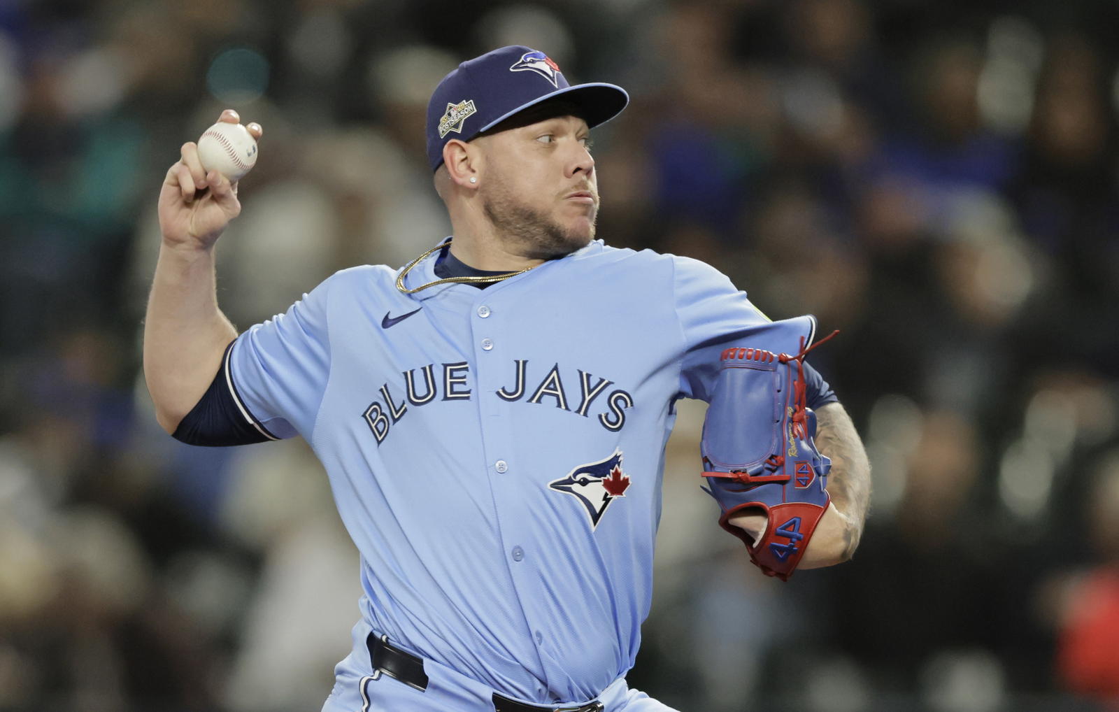 Toronto Blue Jays pitcher Yariel Rodriguez (29) throws in the eighth inning against the Seattle Mariners during game three of the ALCS round for the 2025 MLB playoffs at T-Mobile Park. John Froschauer-Imagn Images