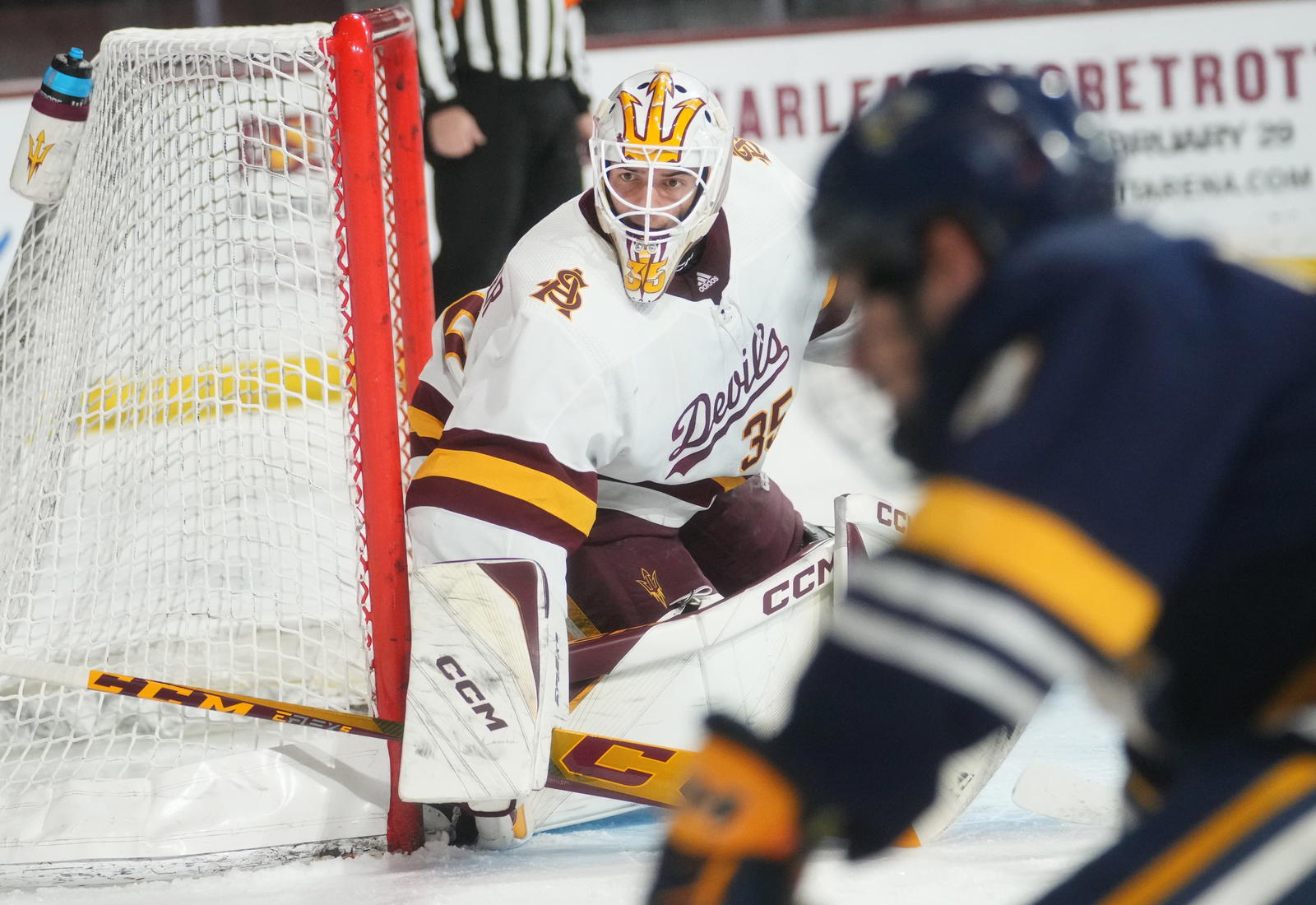 ASU Sun Devils goalie TJ Semptimphelter (35) protects the net against the Augustana Vikings at Mullett Arena in Tempe on Jan. 19, 2024.