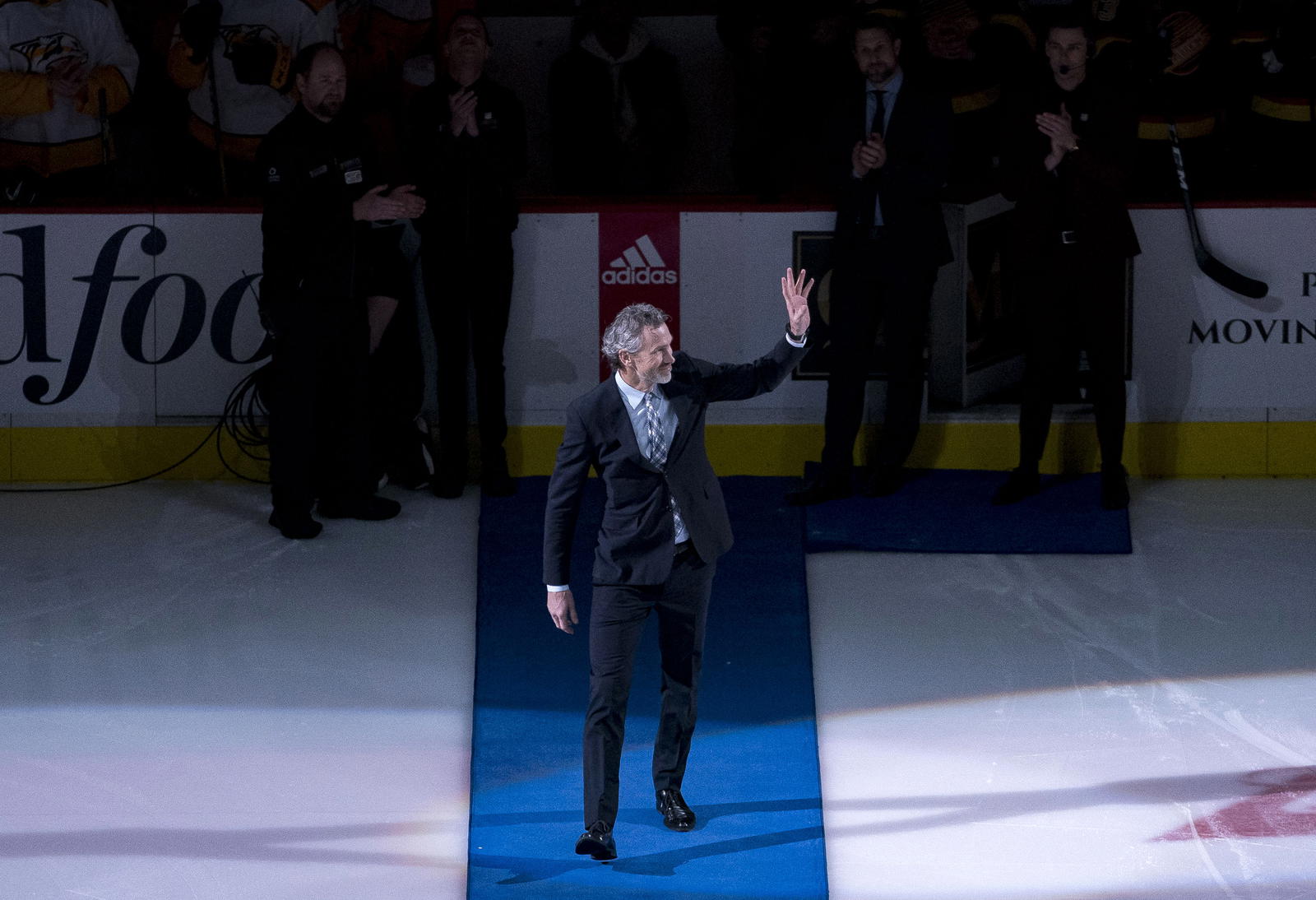 Feb 10, 2020; Vancouver, British Columbia, CAN; Former Vancouver captain Trevor Linden walks out for a pre-game ceremony as part of Henrik Sedin and Daniel Sedin jersey and number retirement ceremony week in Vancouver. Prior to a game between the Vancouver Canucks and the Nashville Predators at Rogers Arena. Mandatory Credit: Bob Frid-Imagn Images