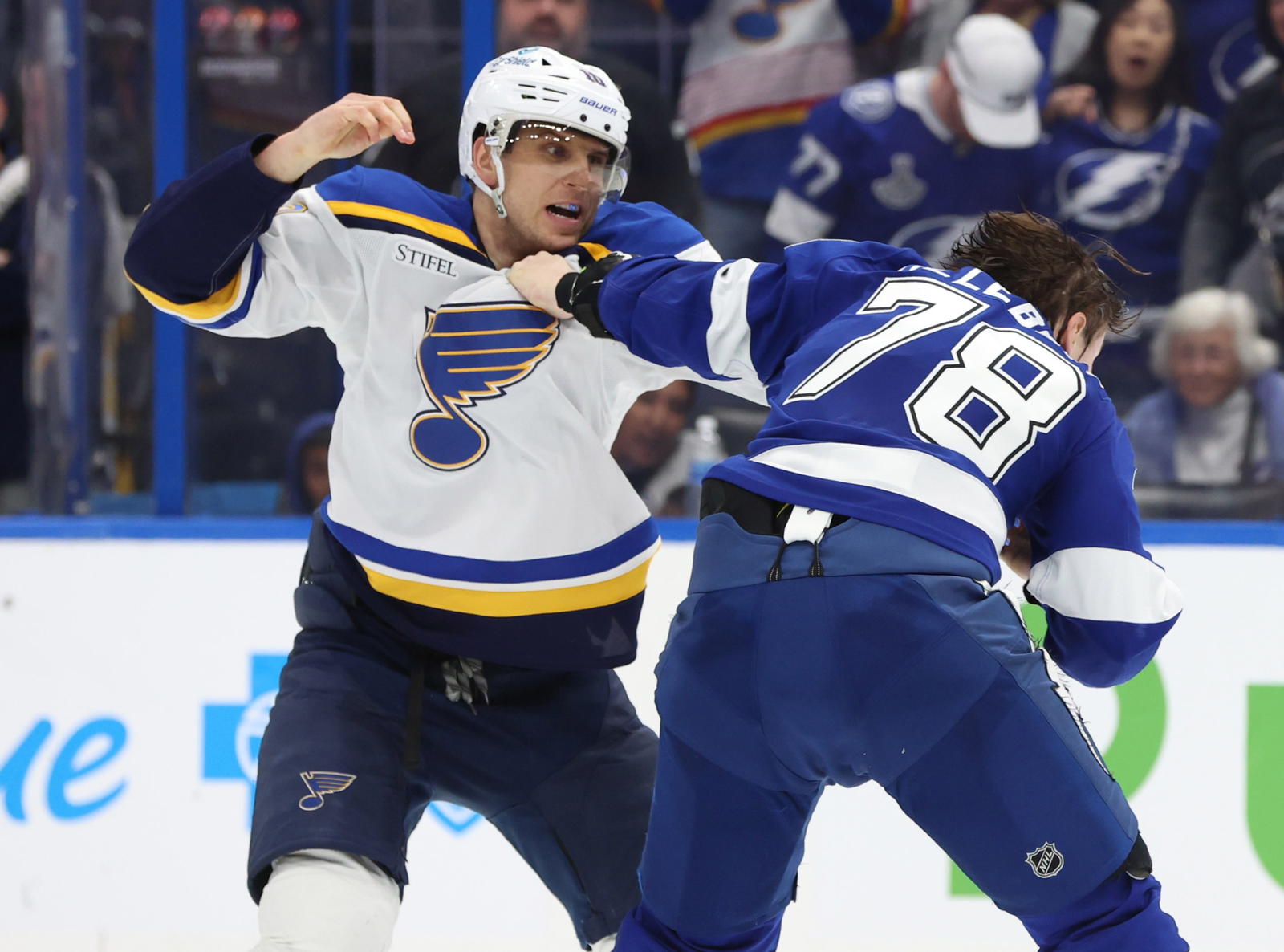 St. Louis Blues captain Brayden Schenn (left) fought Tampa Bay Lightning's&nbsp;Emil Lilleberg earlier this season. (Kim Klement Neitzel-Imagn Images)