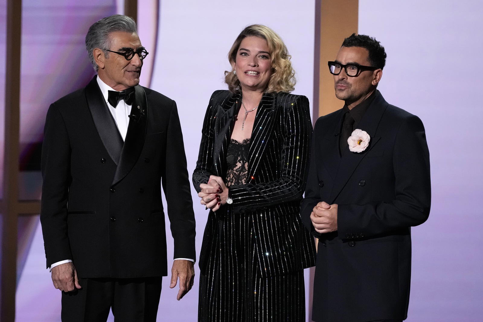 Eugene Levy, Annie Murphy, and Dan Levy. Mandatory Credit: Jack Gruber-USA TODAY