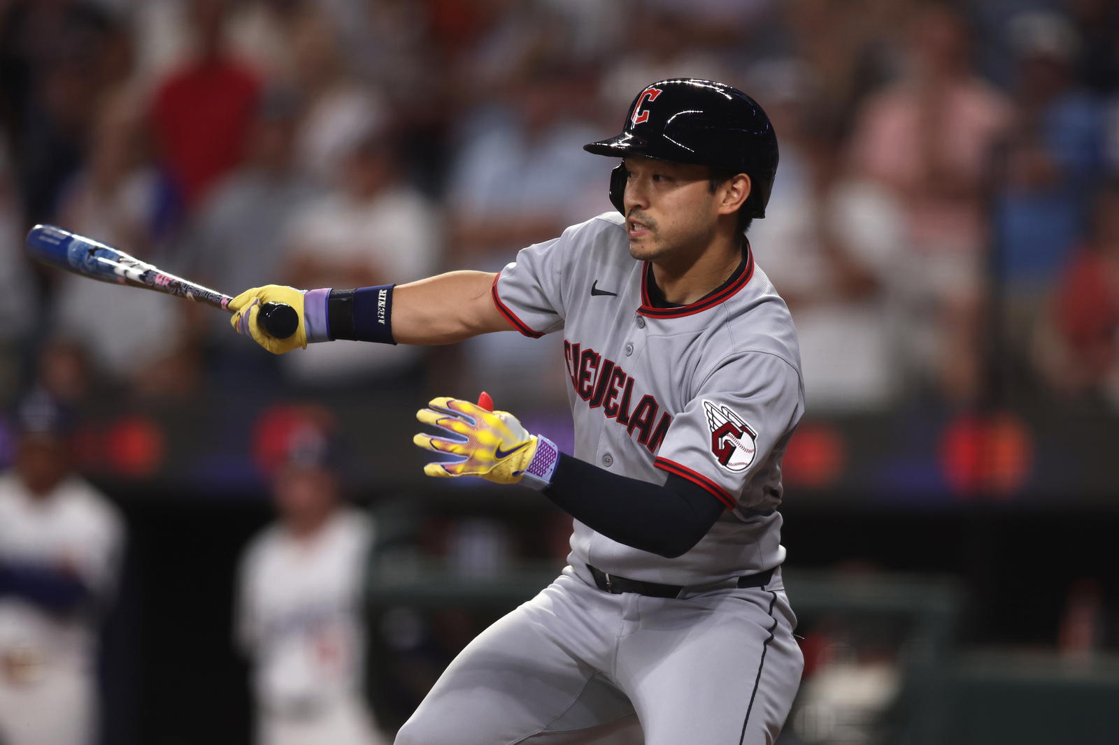 Jul 15, 2025; Cumberland, Georgia, USA; American League outfielder Steven Kwan (38) of the Cleveland Guardians hits an RBI single in the ninth inning during the 2025 MLB All Star Game at Truist Park. Mandatory Credit: Brett Davis-Imagn Images