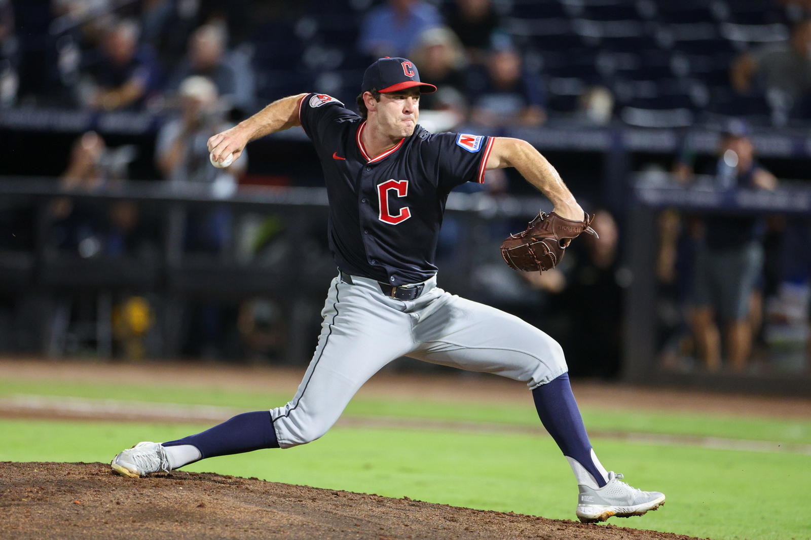 Sep 4, 2025; Tampa, Florida, USA; Cleveland Guardians pitcher Matt Festa (52) throws a pitch against the Tampa Bay Rays in the sixth inning at George M. Steinbrenner Field. Mandatory Credit: Nathan Ray Seebeck-Imagn Images