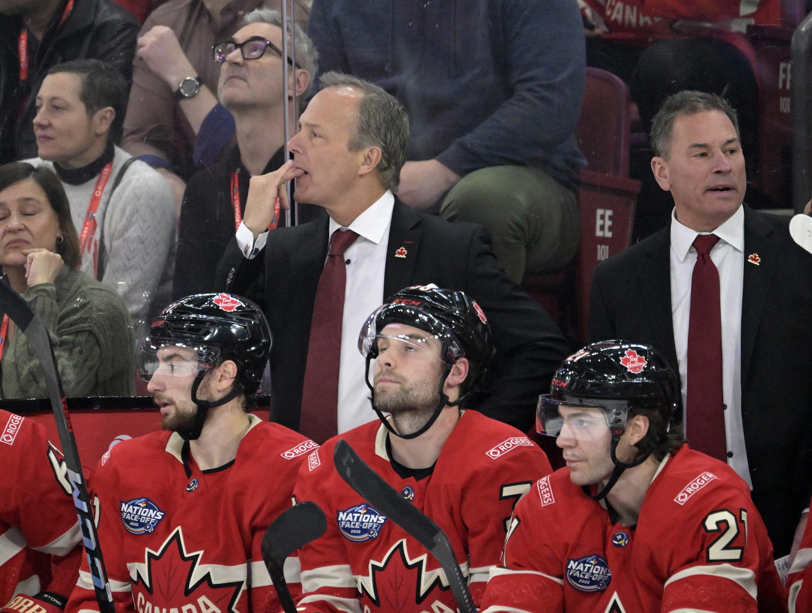 Team Canada head coach Jon Cooper in the first period during a 4 Nations Face-Off ice hockey game against Team United States at the Bell Centre. Mandatory Credit: Eric Bolte-Imagn Images