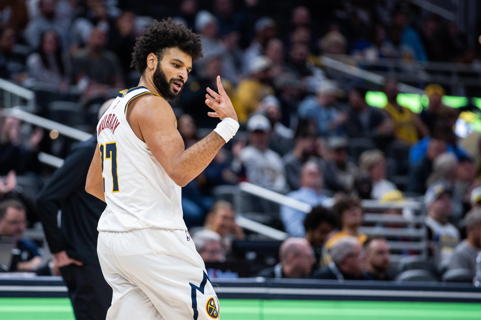 Denver Nuggets guard Jamal Murray (27) celebrates a made basket in the second half against the Indiana Pacers at Gainbridge Fieldhouse. Trevor Ruszkowski-Imagn Images
