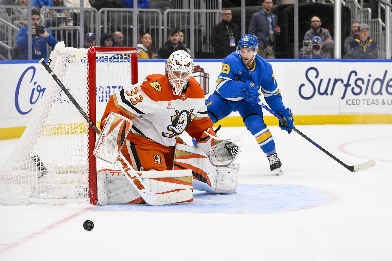 Dec 1, 2025; St. Louis, Missouri, USA; Anaheim Ducks goaltender Ville Husso (33) defends the net against the St. Louis Blues during the second period at Enterprise Center. Mandatory Credit: Jeff Curry-Imagn Images