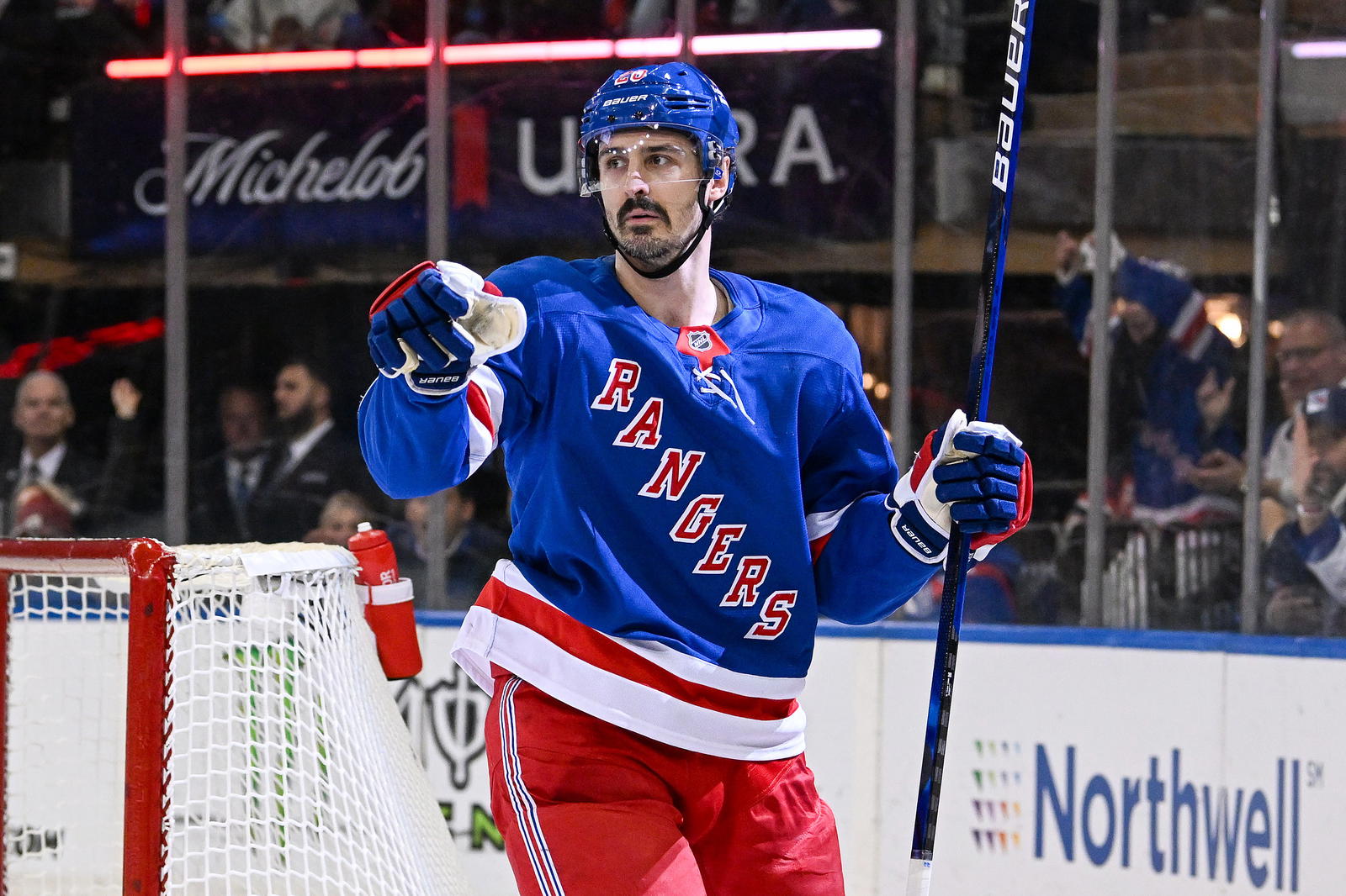 Dec 2, 2024; New York, New York, USA; New York Rangers left wing Chris Kreider (20) celebrates his goal against the New Jersey Devils during the second period at Madison Square Garden. Mandatory Credit: Dennis Schneidler-Imagn Images