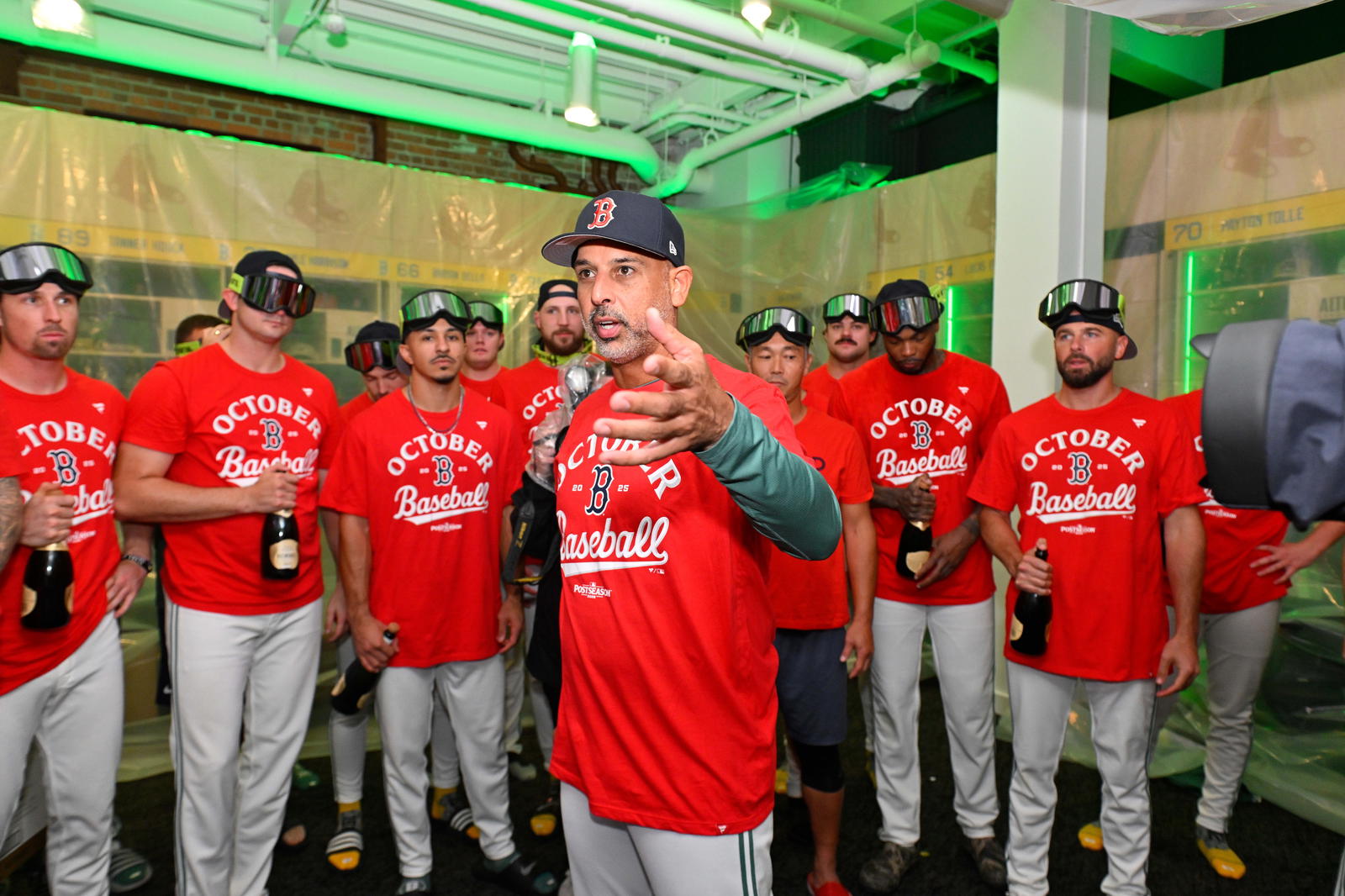 Sep 26, 2025; Boston, Massachusetts, USA; Boston Red Sox manager Alex Cora (13) addresses the team after they clinched a playoff spot after their game against the Detroit Tigers at Fenway Park. (Eric Canha/Imagn Images)