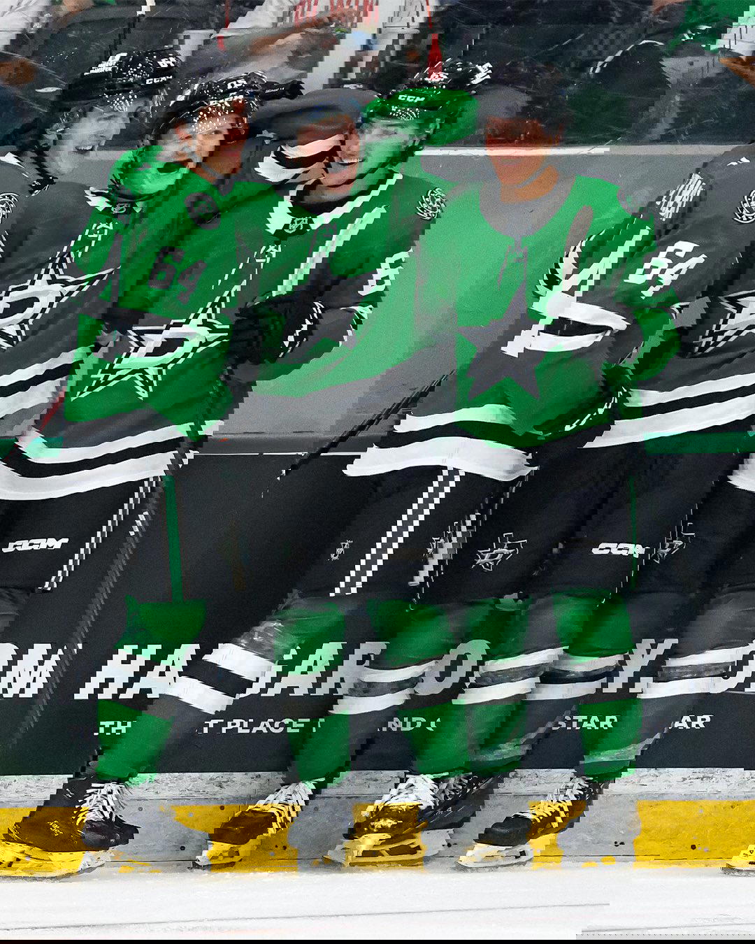 Brandon Gorzynski (64) and Dawson Sharkey (65) celebrate a goal from 19-year-old Jaxon Fuder (75) in the Dallas Stars Prospect Games at the Comerica Center. Credit: @DallasStars on X