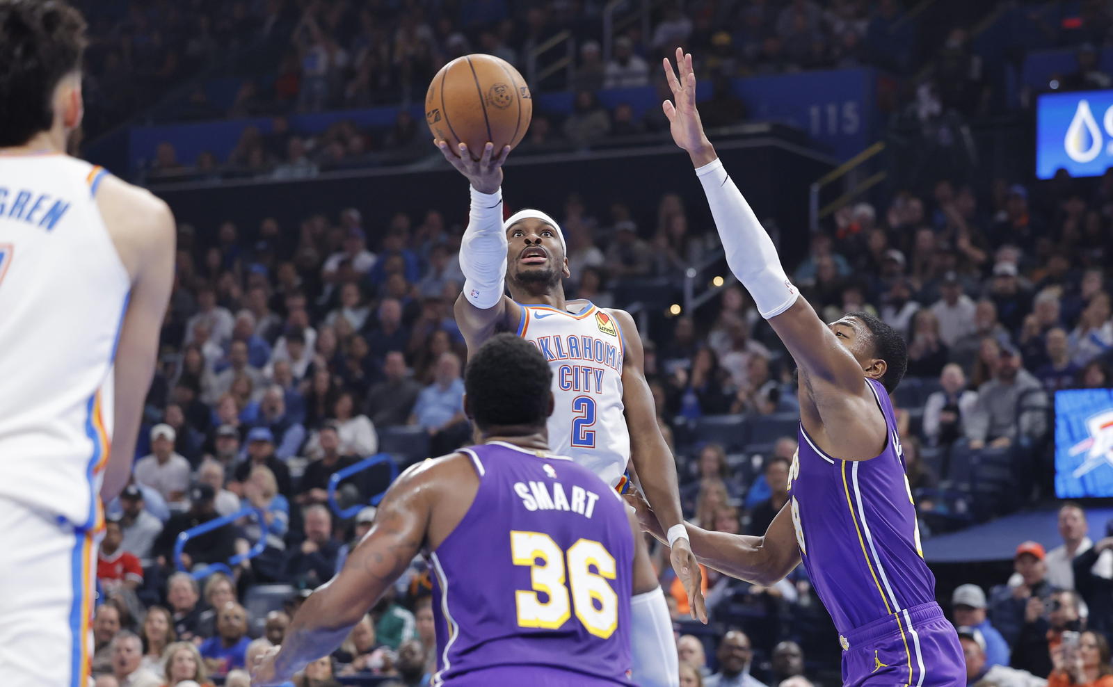 Oklahoma City Thunder guard Shai Gilgeous-Alexander (2) shoots against the Los Angeles Lakers during the second quarter at Paycom Center. Alonzo Adams-Imagn Images