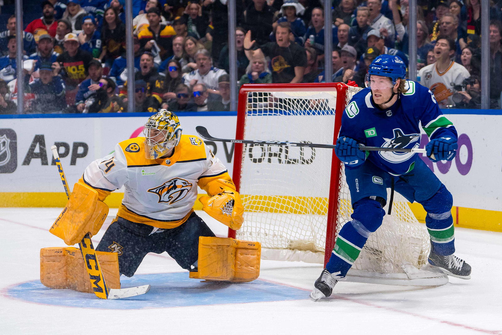 Apr 30, 2024; Vancouver, British Columbia, CAN; Nashville Predators goalie Juuse Saros (74) and Vancouver Canucks forward Brock Boeser (6) react after Saros’s save on Boeser during the third period in game five of the first round of the 2024 Stanley Cup Playoffs at Rogers Arena. Mandatory Credit: Bob Frid-Imagn Images