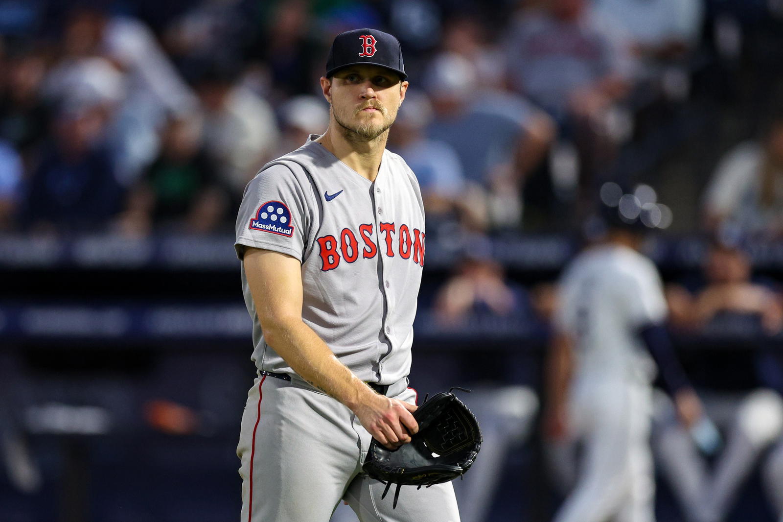 Apr 14, 2025; Tampa, Florida, USA; Boston Red Sox starting pitcher Tanner Houck (89) leaves the game against the Tampa Bay Rays in the third inning at George M. Steinbrenner Field. (Nathan Ray Seebeck/Imagn Images)
