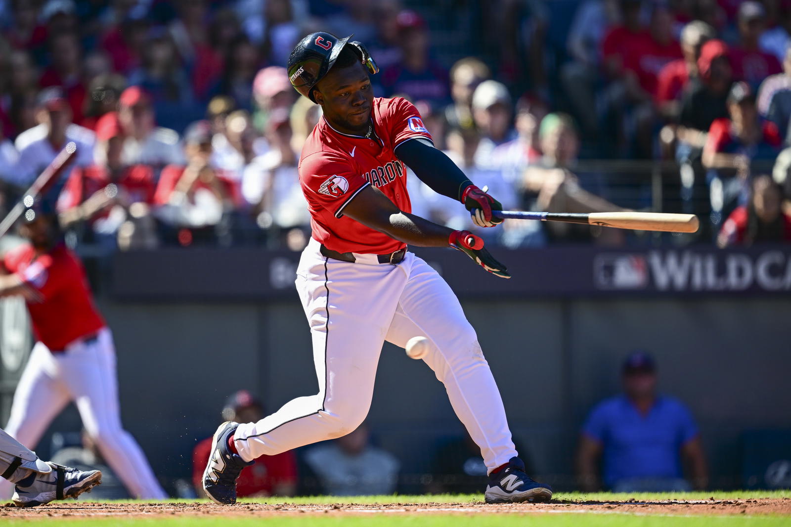 Sep 30, 2025; Cleveland, Ohio, USA; Cleveland Guardians outfielder Jhonkensy Noel (43) strikes out swinging against the Detroit Tigers in the third inning during game one of the Wildcard round for the 2025 MLB playoffs at Progressive Field. Mandatory Credit: David Dermer-Imagn Images