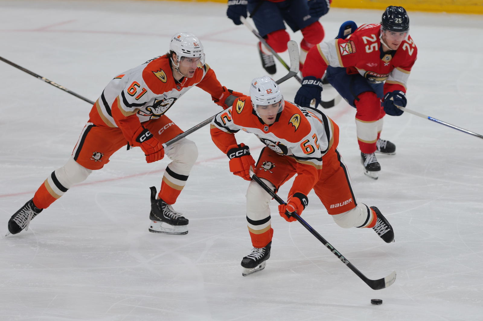Jan 18, 2025; Sunrise, Florida, USA; Anaheim Ducks center Nikita Nesterenko (62) moves the puck against the Florida Panthers during the third period at Amerant Bank Arena. Mandatory Credit: Sam Navarro-Imagn Images