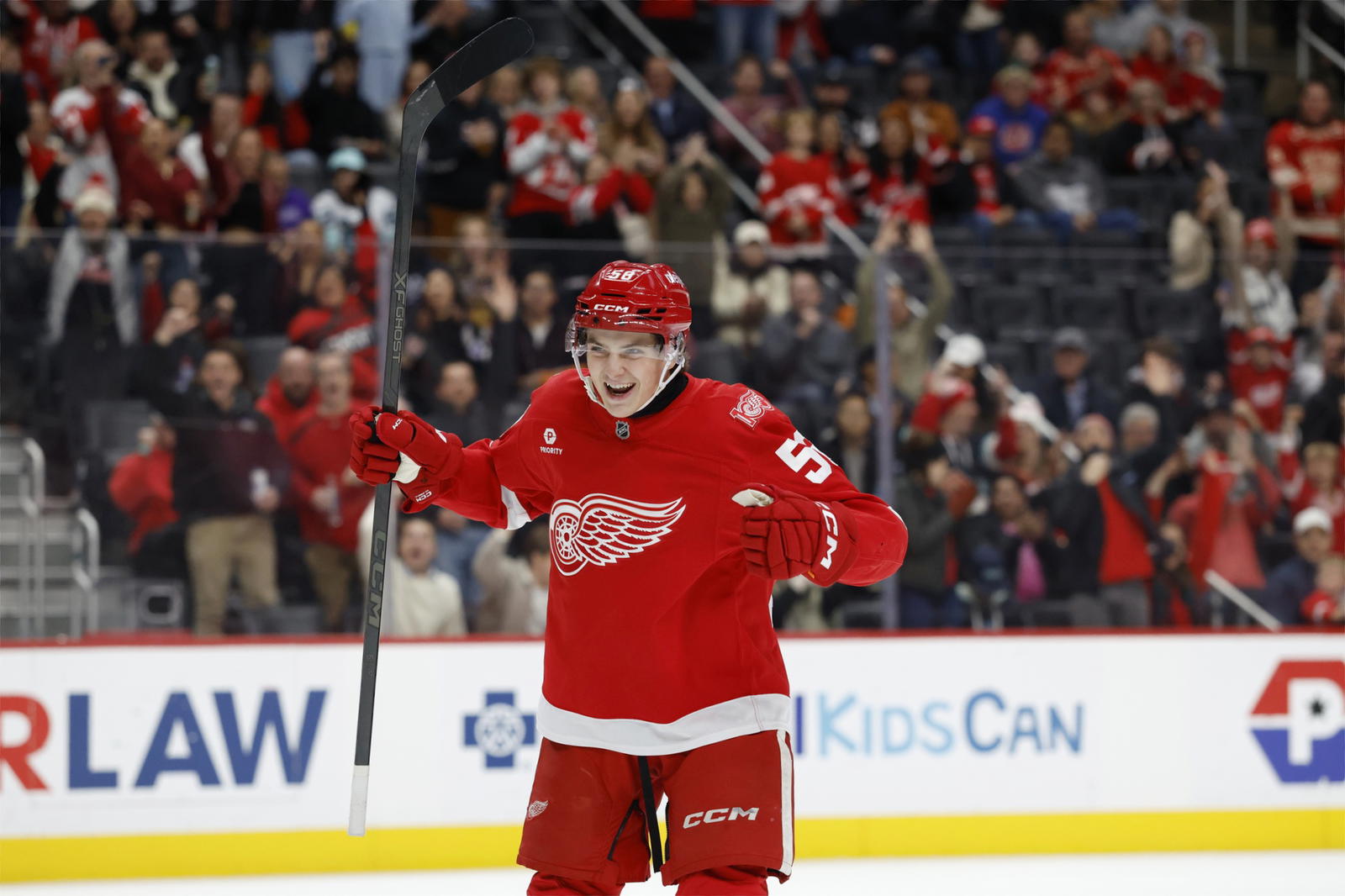 Detroit Red Wings forward Emmitt Finnie celebrates a goal against the Seattle Kraken at Little Caesars Arena on Nov. 18. (Rick Osentoski-Imagn Images)