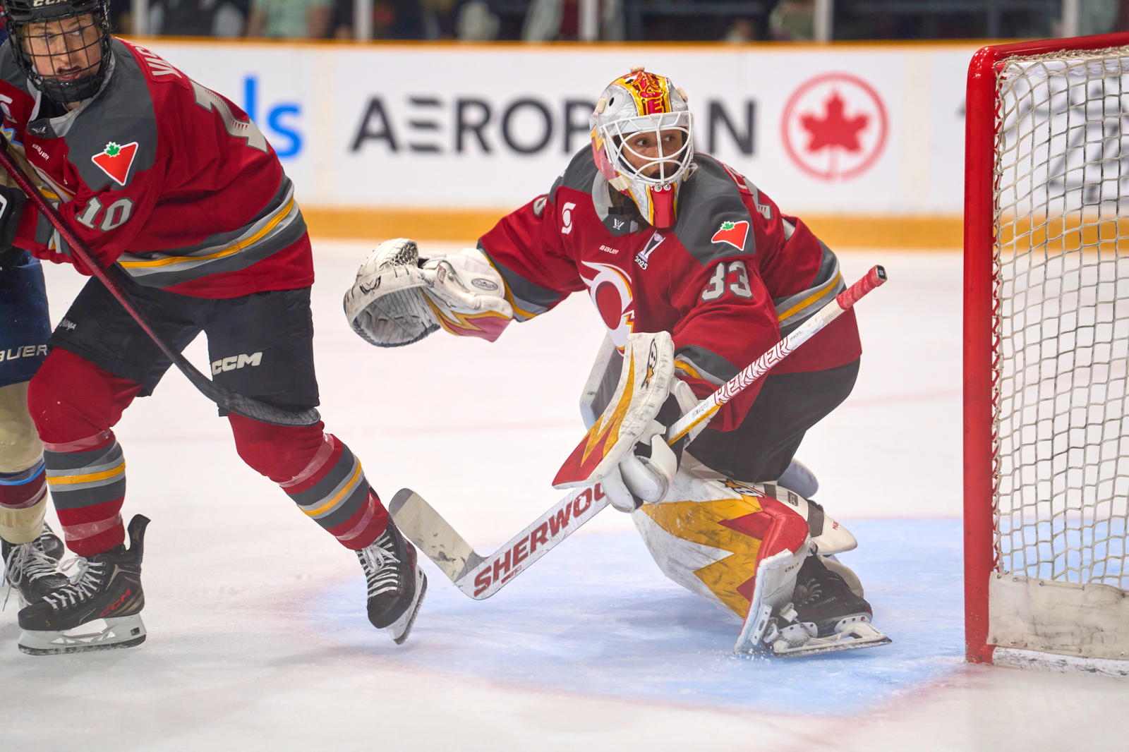Gwyneth Philips tracks a puck during game four of the PWHL playoffs - Photo @ Ellen Bond