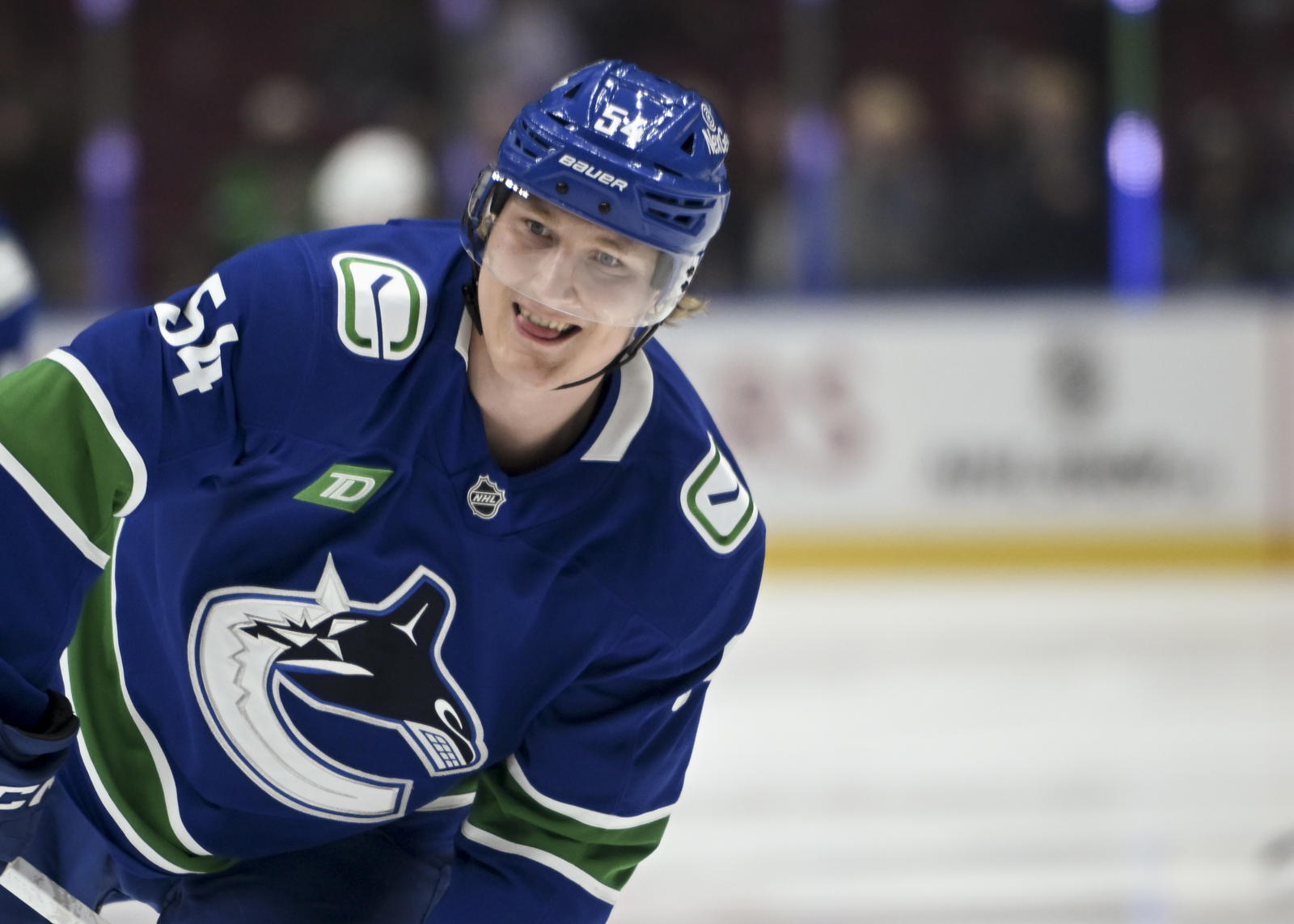 Apr 2, 2025; Vancouver, British Columbia, CAN; Vancouver Canucks forward Aatu Raty (54) during pre game warm up against the Seattle Kraken at Rogers Arena. Mandatory Credit: Simon Fearn-Imagn Images