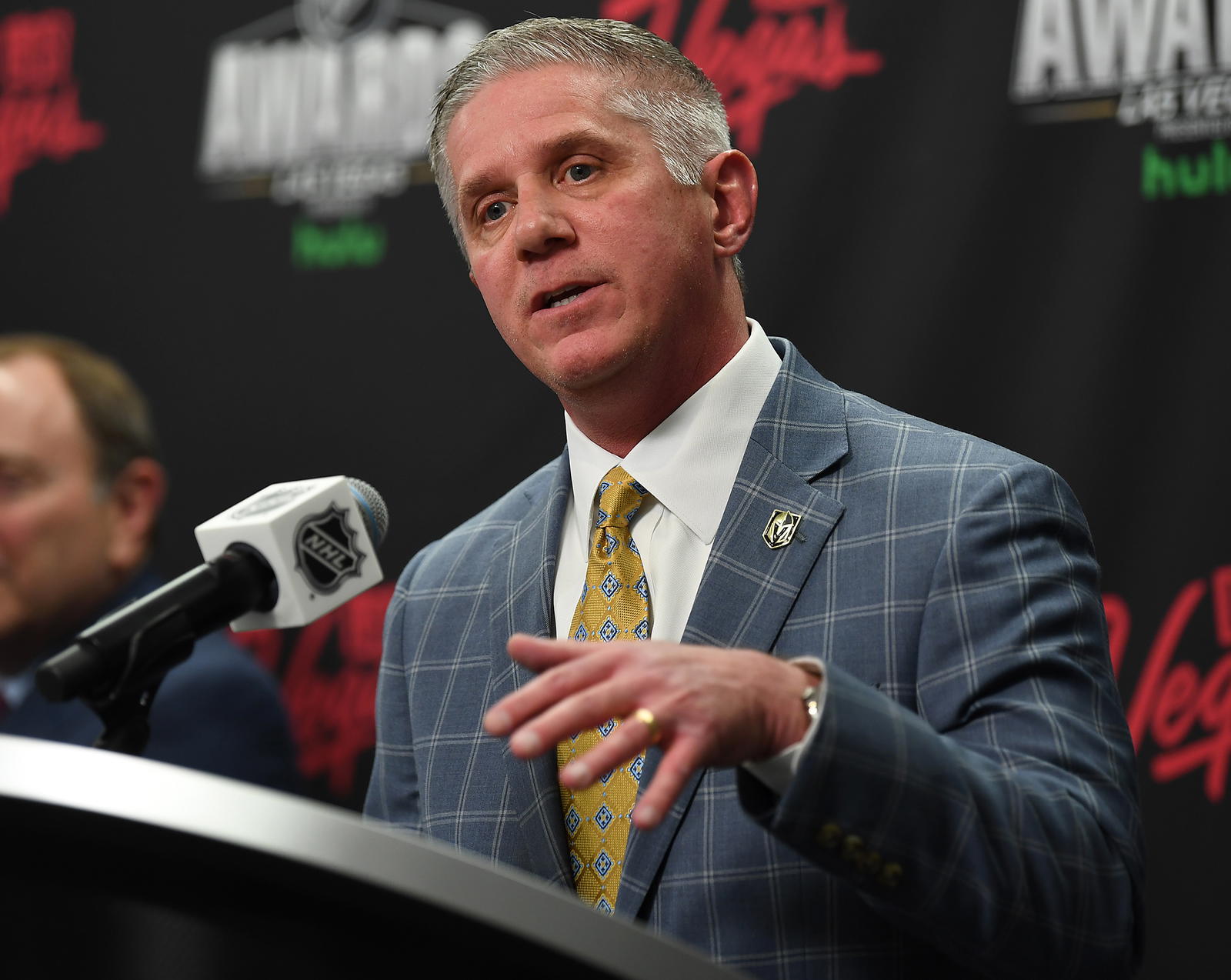 Vegas Golden Knights president Kerry Bubolz talks to media during a presser prior to game one of the first round of the 2018 Stanley Cup Playoffs between the Vegas Golden Knights and the Los Angeles Kings at T-Mobile Arena. Mandatory Credit: Stephen R. Sylvanie-Imagn Images
