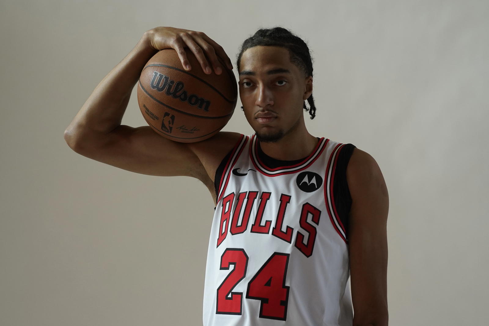 Sep 29, 2025: Chicago, IL, USA; Chicago Bulls forward Noa Essengue (24) poses for photos during Chicago Bulls Media Day. Mandatory Credit: David Banks-Imagn Images
