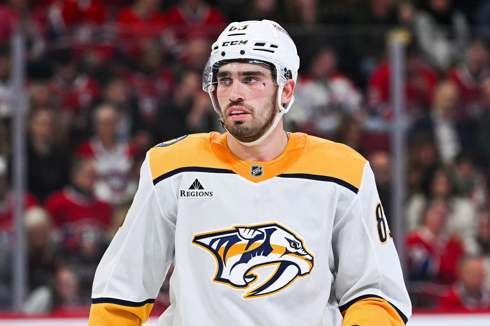 Oct 16, 2025; Montreal, Quebec, CAN; Nashville Predators defenseman Adam Wilsby (83) looks on against the Montreal Canadiens during the second period at Bell Centre. David Kirouac-Imagn Images