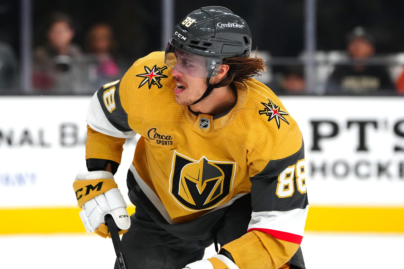 Sep 29, 2023; Las Vegas, Nevada, USA; Vegas Golden Knights forward Maxime Comtois (88) skates against the Arizona Coyotes during the second period of a preseason game at T-Mobile Arena. (Stephen R. Sylvanie, Imagn Images)
