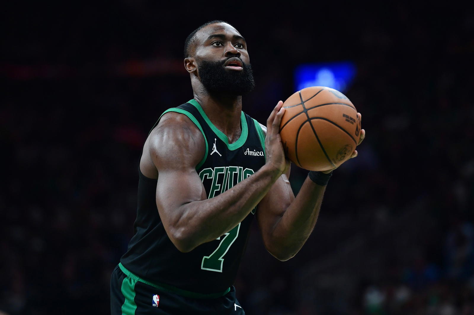 May 14, 2025; Boston, Massachusetts, USA; Boston Celtics guard Jaylen Brown (7) shoots a free throw in the second half during game five of the second round for the 2025 NBA Playoffs against the New York Knicks at TD Garden. (Bob DeChiara/Imagn Images)