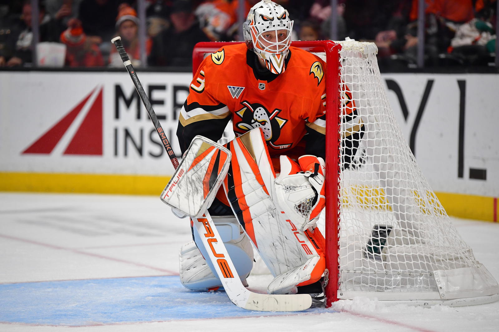 Nov 28, 2025; Anaheim, California, USA; Anaheim Duck goaltender Ville Husso (33) defends the goal against the Los Angeles Kings during the third period at Honda Center. Mandatory Credit: Gary A. Vasquez-Imagn Images