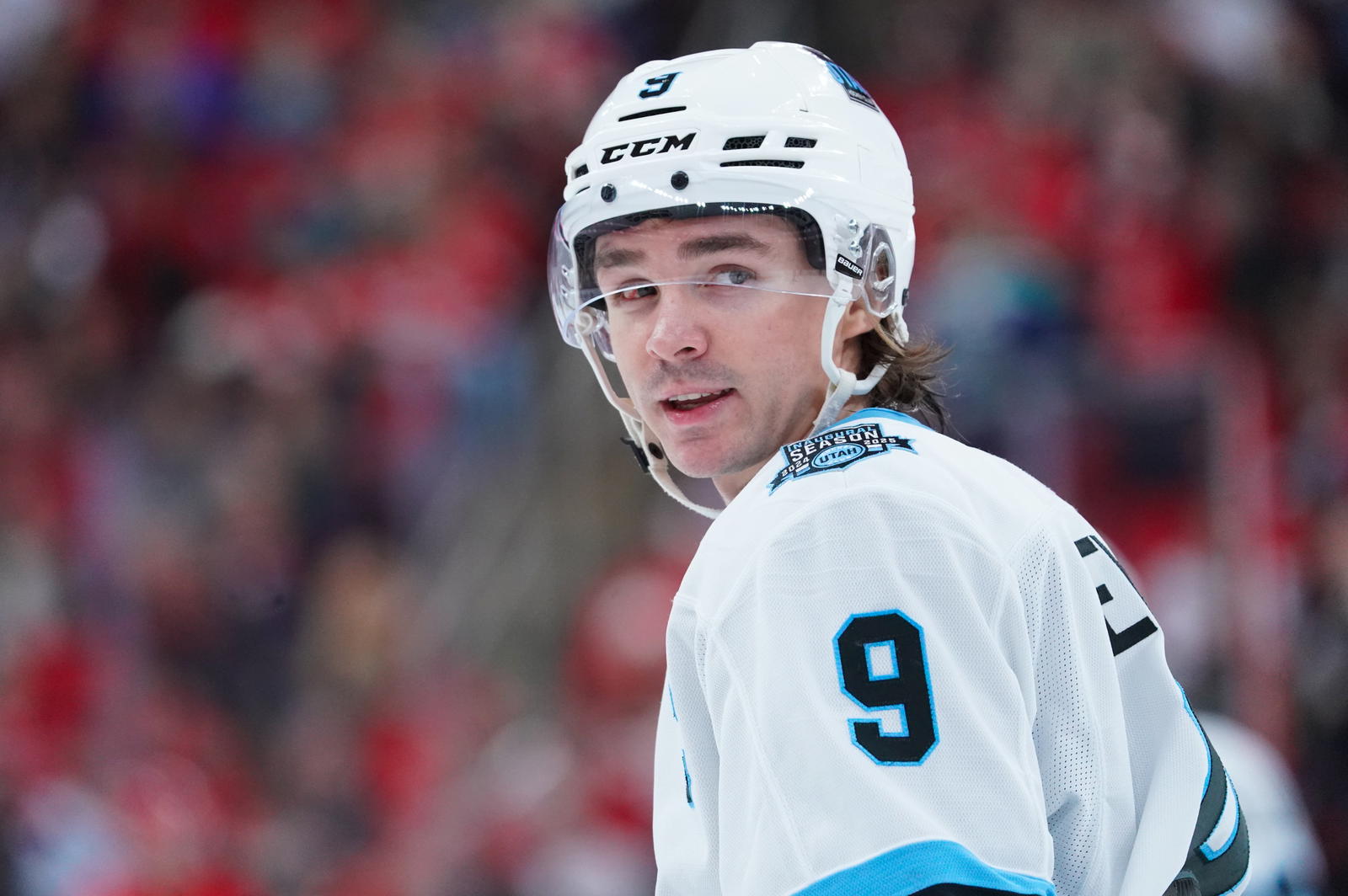 Feb 8, 2025; Raleigh, North Carolina, USA; Utah Hockey Club center Clayton Keller (9) looks on against the Carolina Hurricanes during the second period at Lenovo Center. Mandatory Credit: James Guillory-Imagn Images