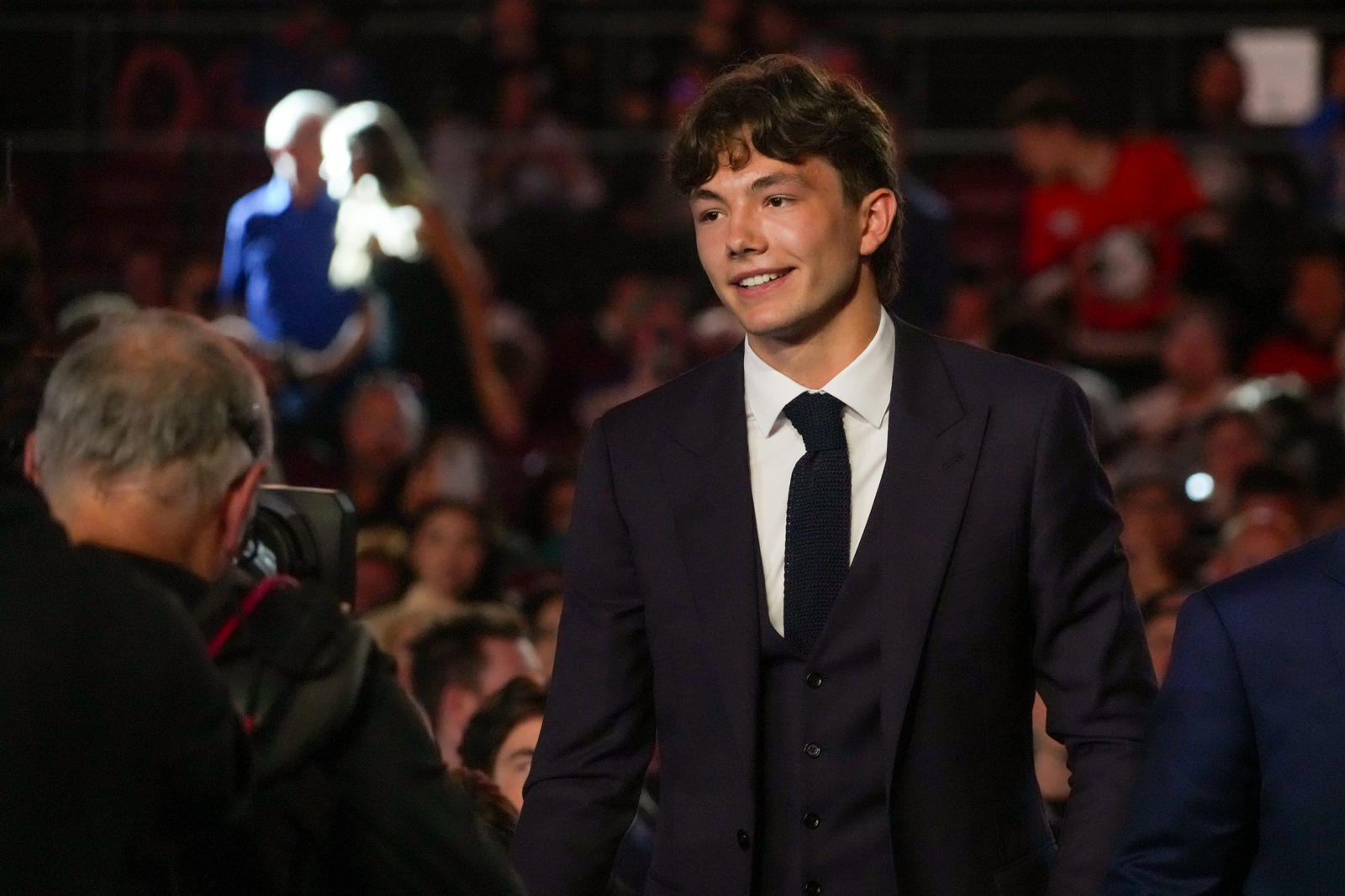 Jun 27, 2025; Los Angeles, California, USA; Roger McQueen is selected as the tenth overall pick to the Anaheim Ducks in the first round of the 2025 NHL Draft at Peacock Theater. Mandatory Credit: Kirby Lee-Imagn Images