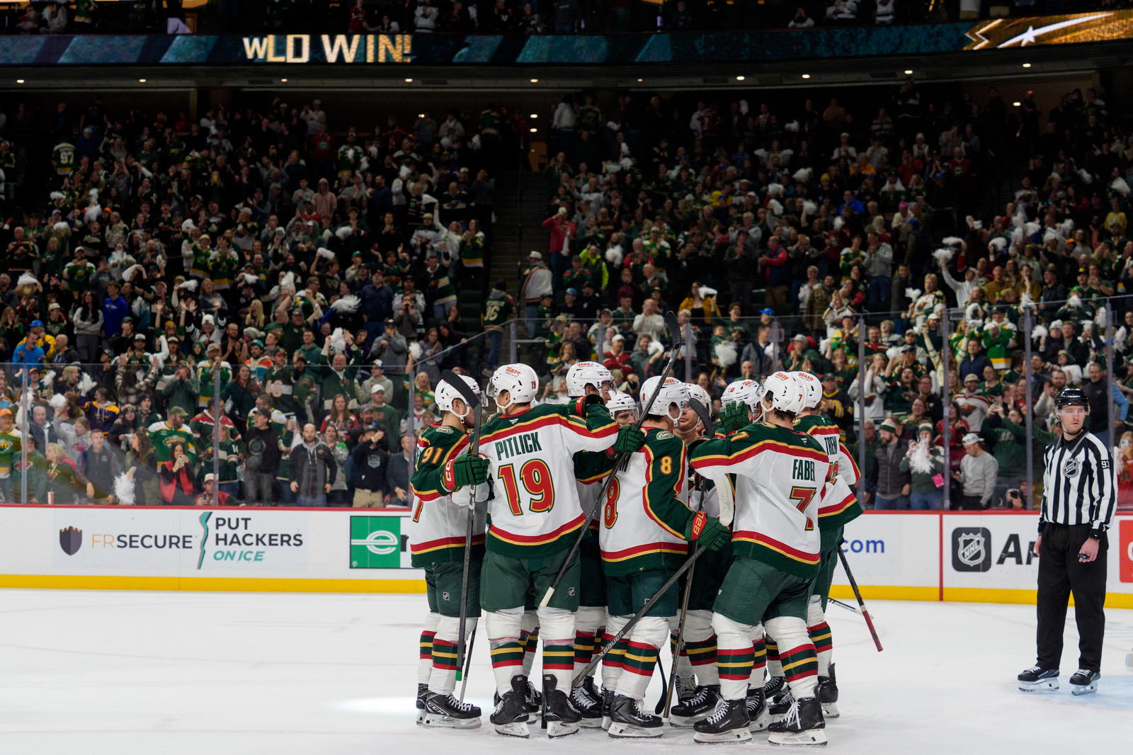 Nov 4, 2025; Saint Paul, Minnesota, USA; The Minnesota Wild celebrate an overtime win over the Nashville Predators at Grand Casino Arena. Mandatory Credit: Matt Blewett-Imagn Images