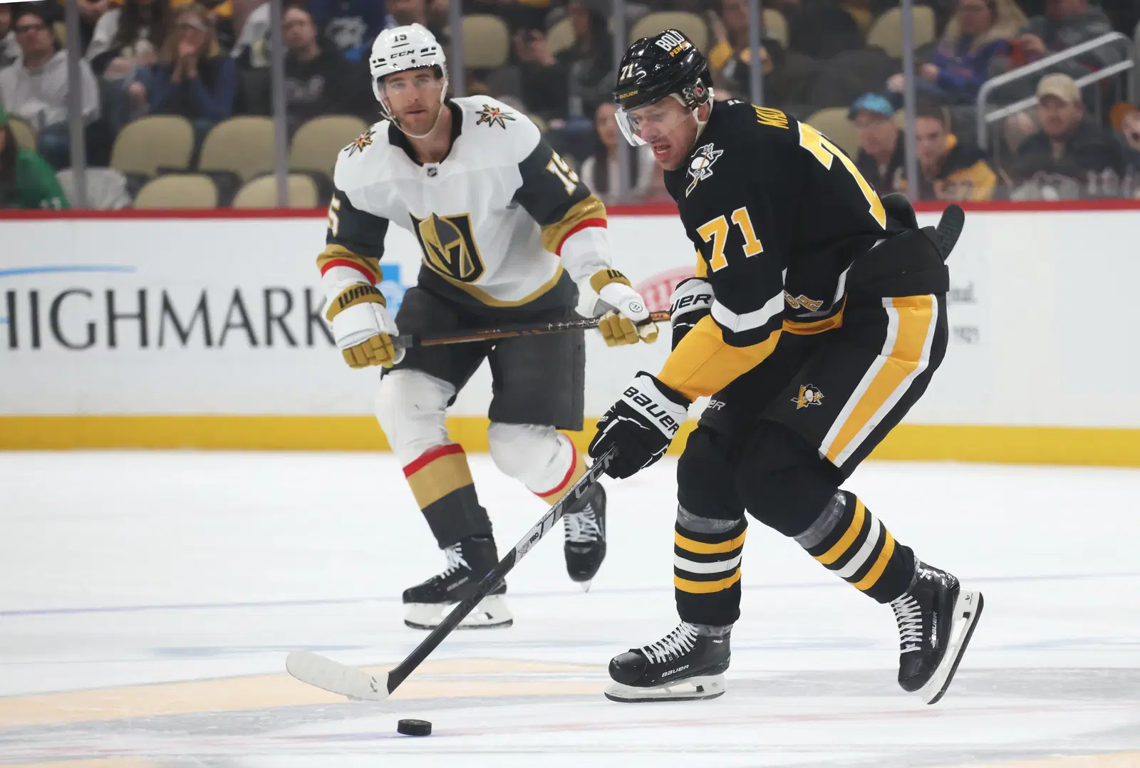 Mar 11, 2025; Pittsburgh, Pennsylvania, USA; Pittsburgh Penguins center Evgeni Malkin (71) skates with the puck against the Vegas Golden Knights during the second period at PPG Paints Arena. (Charles LeClaire-Imagn Images)