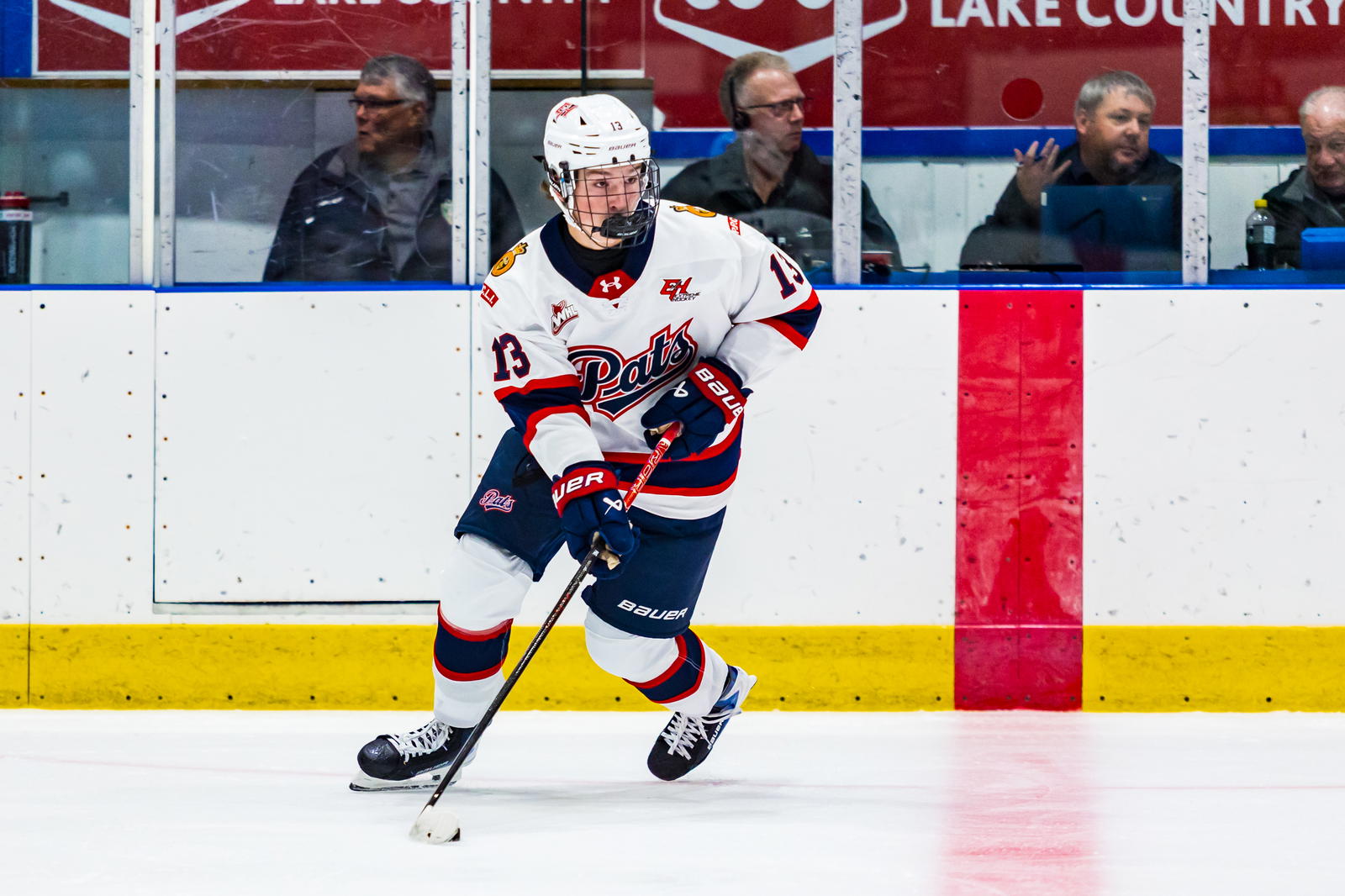 Liam Pue (#13) of the Regina Pats skates with the puck during a pre-season game at the Art Hauser Centre earlier this month. (Photo by Mark Peterson Media - Prince Albert Raiders)