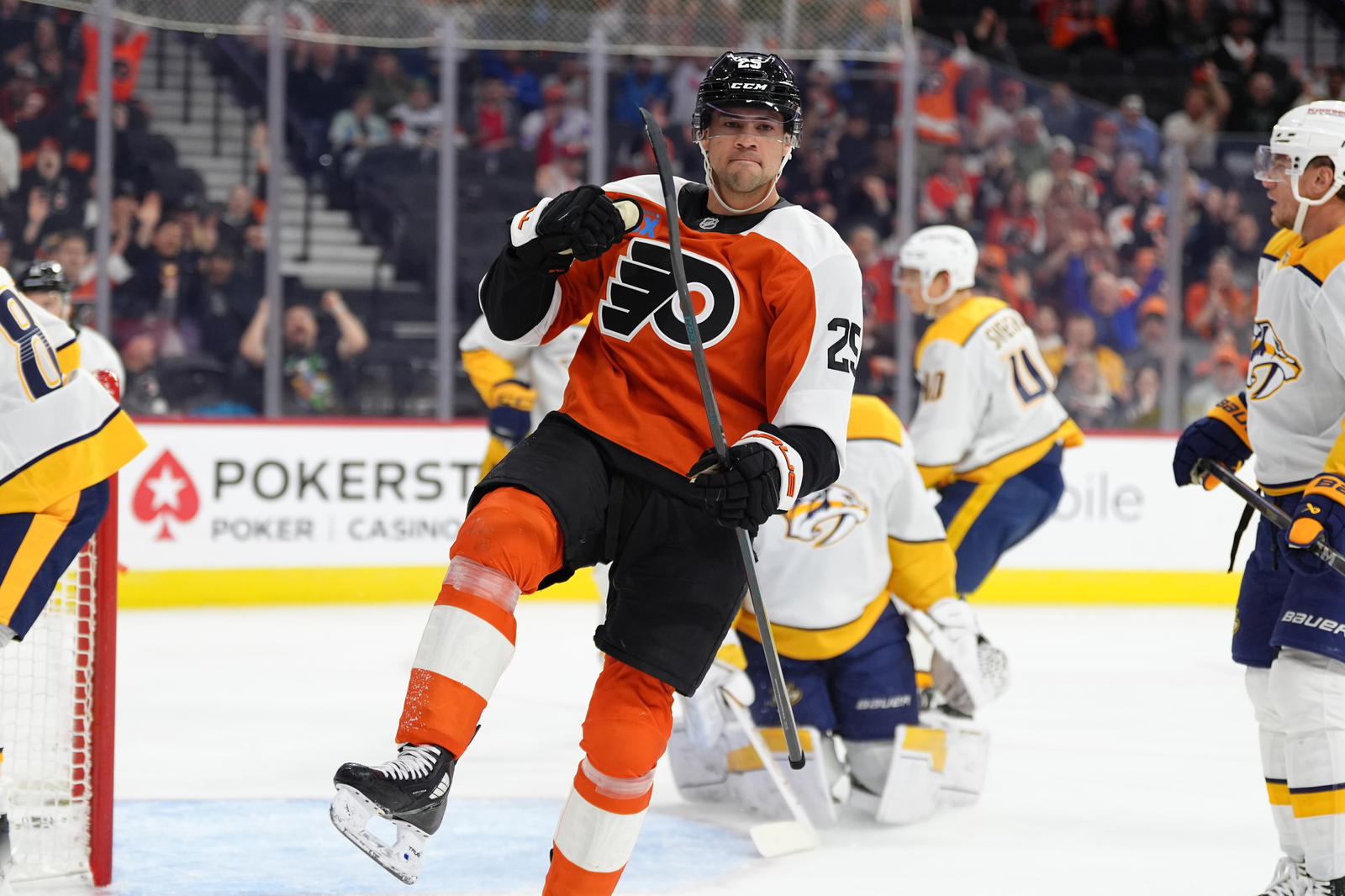 Mar 31, 2025; Philadelphia, Pennsylvania, USA; Philadelphia Flyers center Ryan Poehling (25) reacts after scoring a goal against the Nashville Predators in the second period at Wells Fargo Center. Mandatory Credit: Kyle Ross-Imagn Images