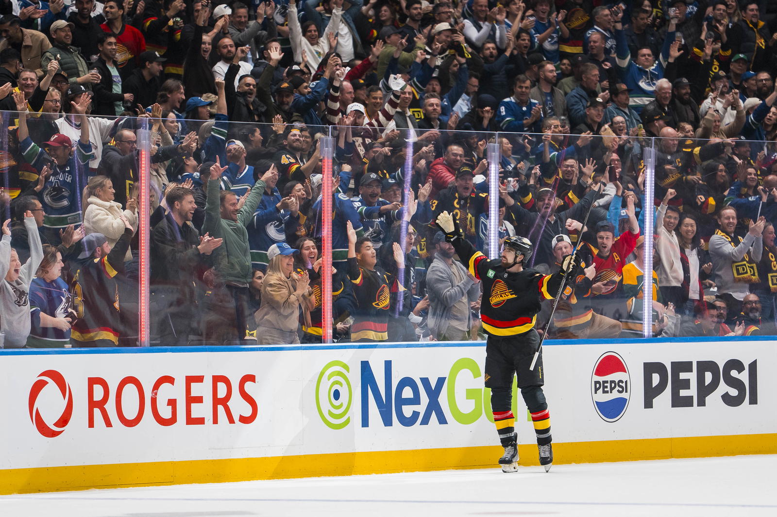 Oct 9, 2025; Vancouver, British Columbia, CAN; Vancouver Canucks forward Filip Chytil (72) celebrates his first goal of the period against the Calgary Flames in the third period at Rogers Arena. Mandatory Credit: Bob Frid-Imagn Images