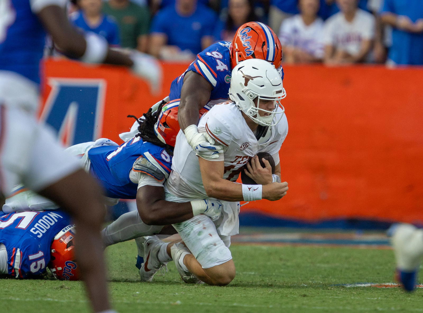 lorida Jamari Lyons takes down Texas quarterback Arch Manning (16) during the second half an NCAA football game in Gainesville, FL on Saturday, October 4, 2025. [Alan Youngblood/Gainesville Sun]