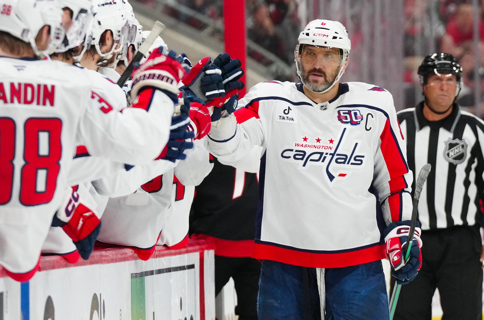 Alex Ovechkin scores a goal against the Carolina Hurricanes during the third period in Game 4 of the second round of the 2025 Stanley Cup playoffs. (James Guillory-Imagn Images)