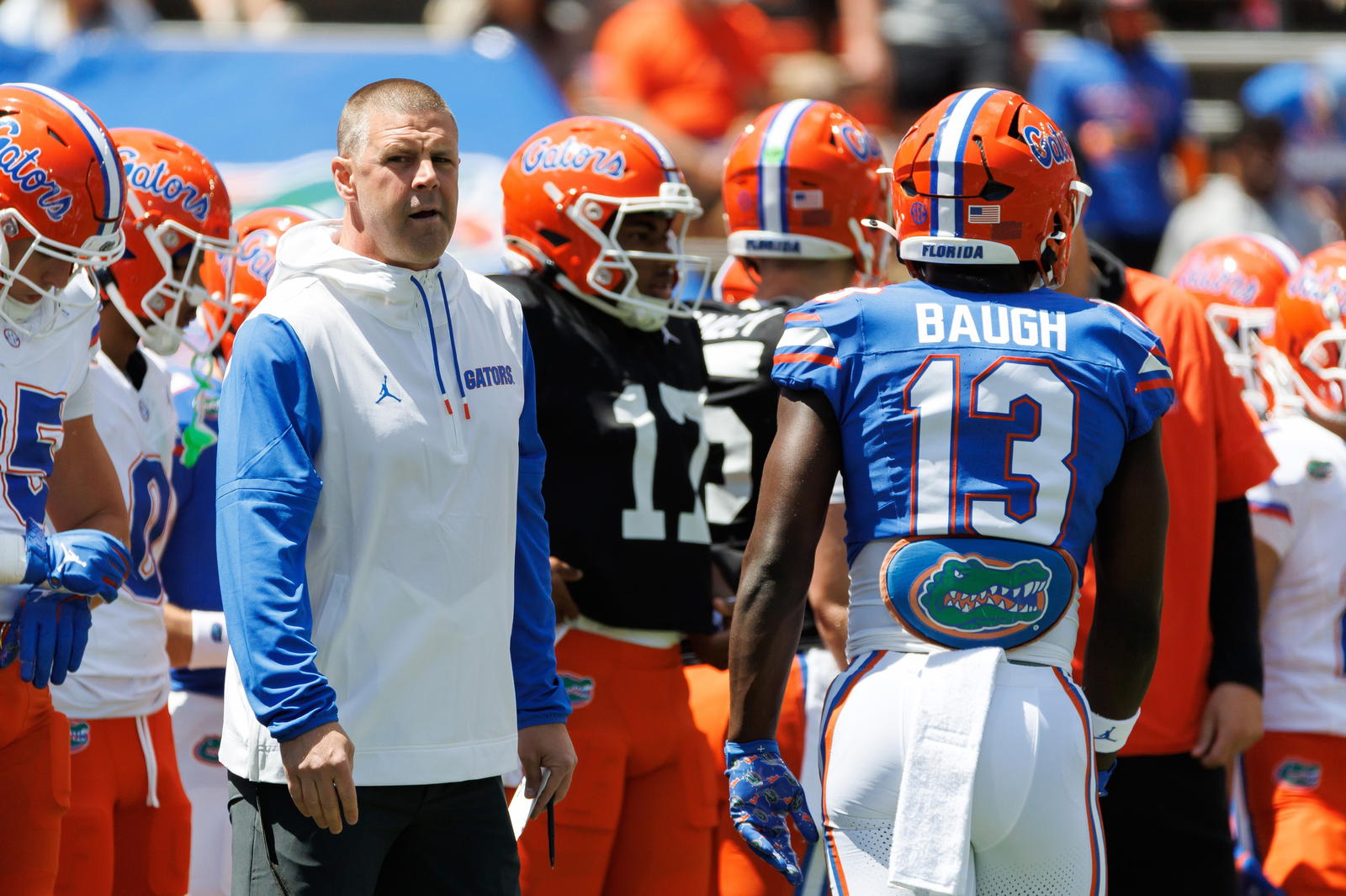 Florida Gators head coach Billy Napier looks on while Florida Gators running back Jadan Baugh leaves the field during last spring's Orange & Blue Game at Ben Hill Griffin Stadium in Gainesville. Photo by Matt Pendleton/Imagn Images.