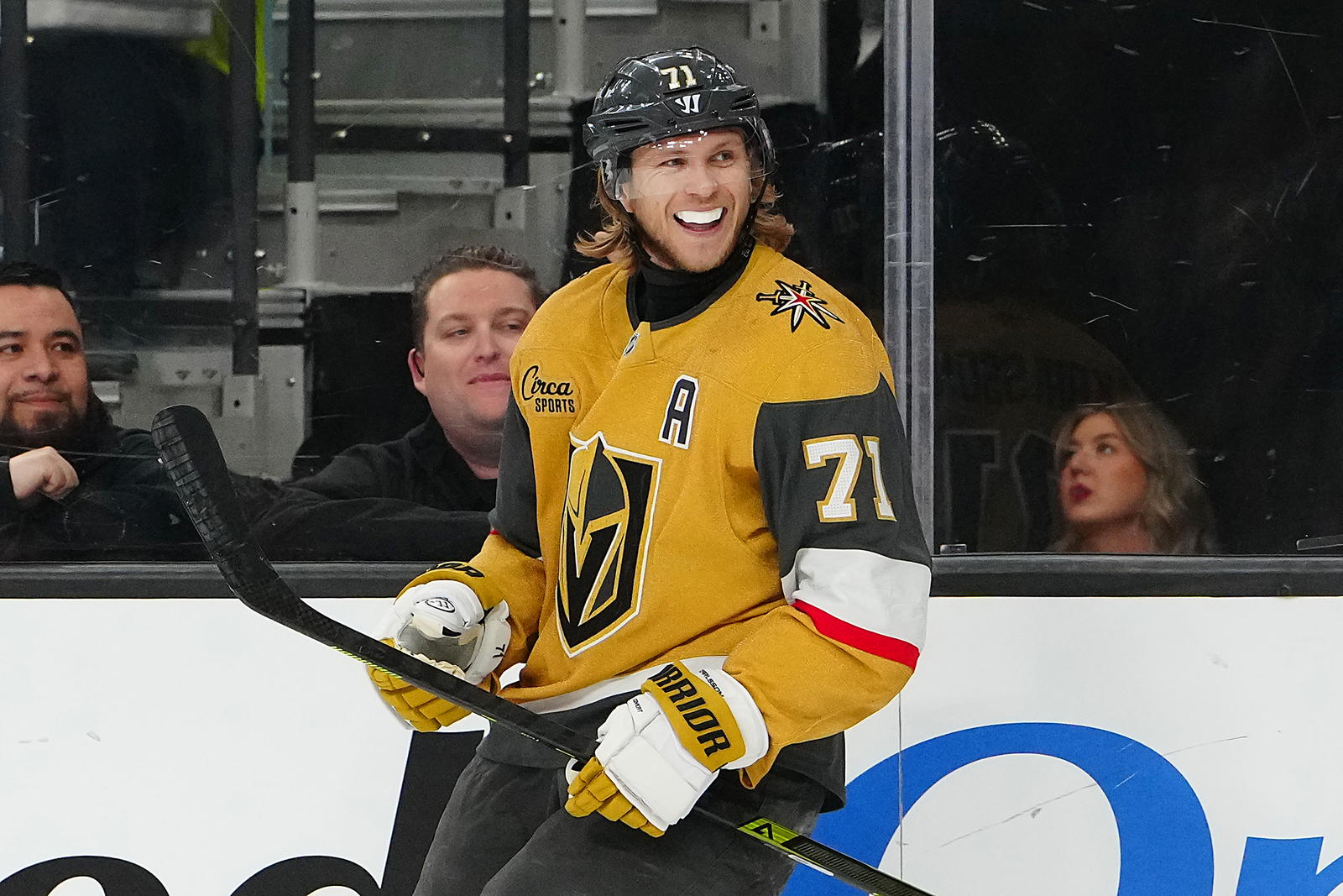 Vegas Golden Knights center William Karlsson (71) celebrates after scoring a goal against the Seattle Kraken during the second period at T-Mobile Arena. Mandatory Credit: Stephen R. Sylvanie-Imagn Images