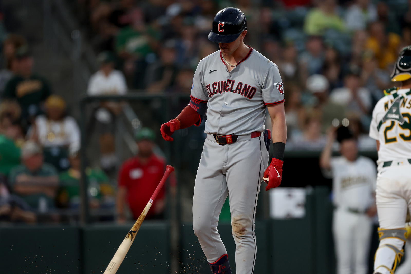 Jun 21, 2025; West Sacramento, California, USA; Cleveland Guardians center fielder Nolan Jones (22) tosses his bat after striking out against the Athletics during the fifth inning at Sutter Health Park. Mandatory Credit: Dennis Lee-Imagn Images