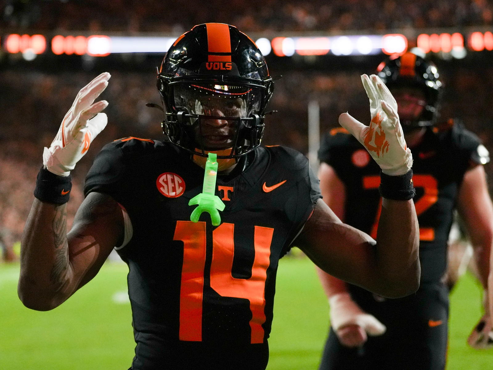 Tennessee wide receiver Braylon Staley (14) celebrates after a touchdown against Oklahoma on November 1, 2025, in Knoxville, Tenn. (ANGELINA ALCANTAR/News Sentinel