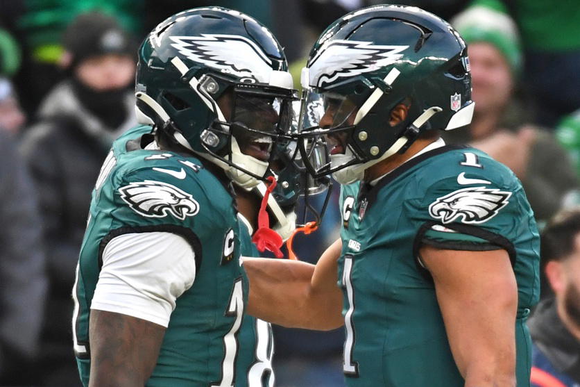 Philadelphia Eagles receiver A.J. Brown and quarterback Jalen Hurts. Credit: Eric Hartline-Imagn Images.
