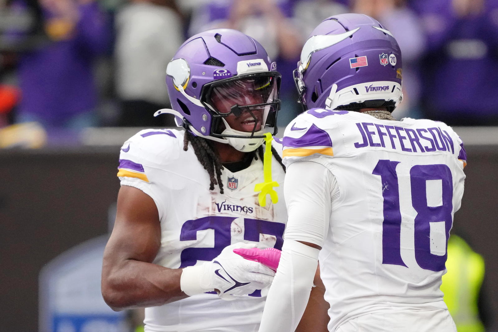 Minnesota Vikings running back Jordan Mason (27) celebrates with wide receiver Justin Jefferson (18) after scoring a touchdown against the Cleveland Browns during the third quarter of an NFL International Series game at Tottenham Hotspur Stadium.<br>Kirby Lee-Imagn Images&nbsp;&nbsp;