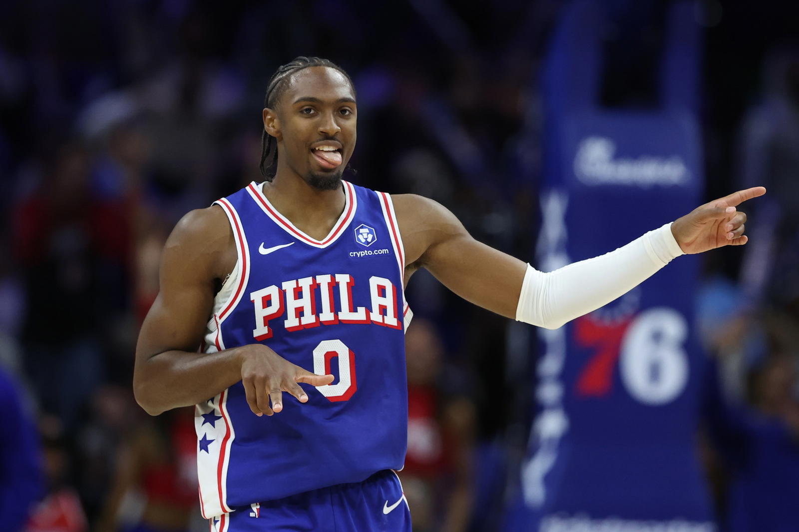 Oct 27, 2025; Philadelphia, Pennsylvania, USA; Philadelphia 76ers guard Tyrese Maxey (0) reacts after scoring against the Orlando Magic during the fourth quarter at Xfinity Mobile Arena. Mandatory Credit: Bill Streicher-Imagn Images